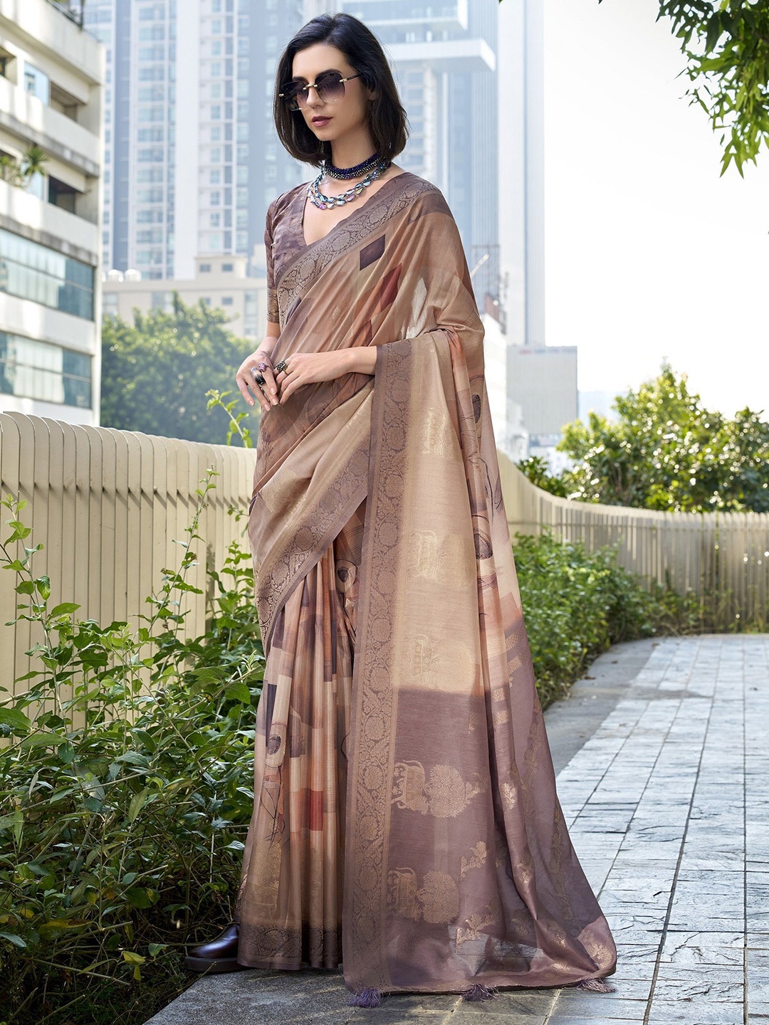 

MAHALASA Woven Design Zari Pure Silk Saree, Beige