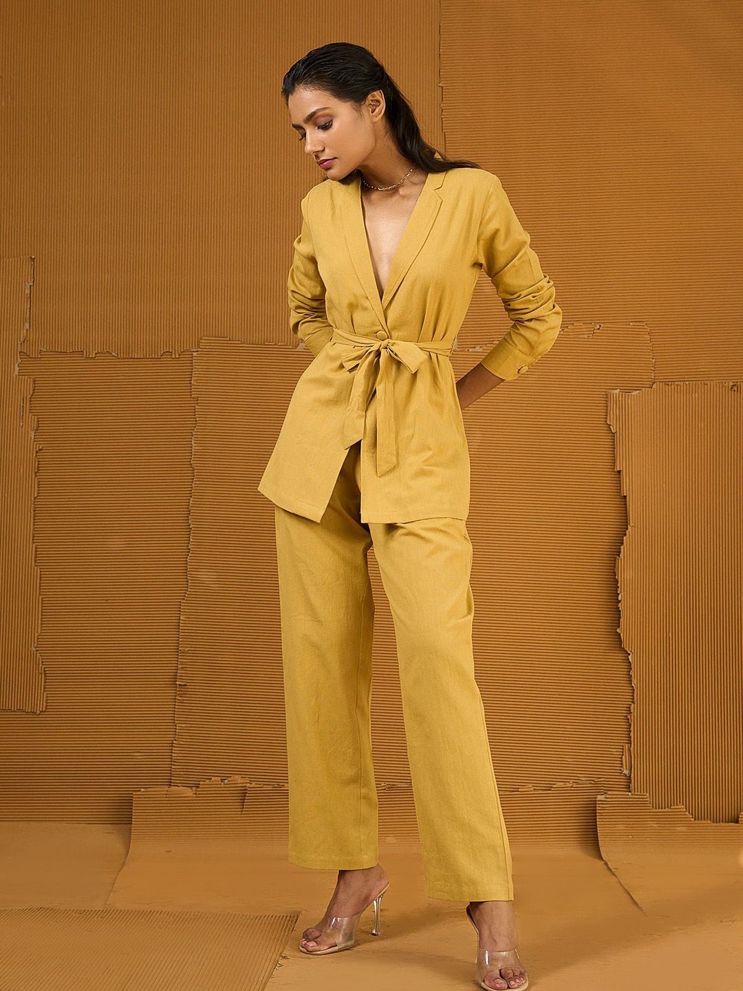 

Aamili Pure Cotton Belted Top With Trousers, Yellow