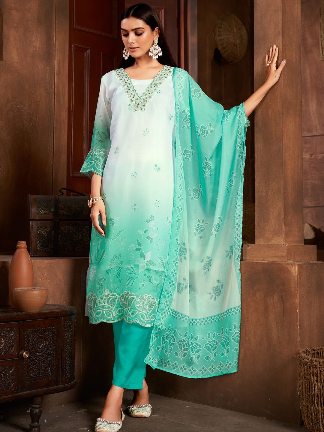 

Krimmple Women Floral Embroidered Regular Beads and Stones Kurta with Trousers & With Dupatta, Green