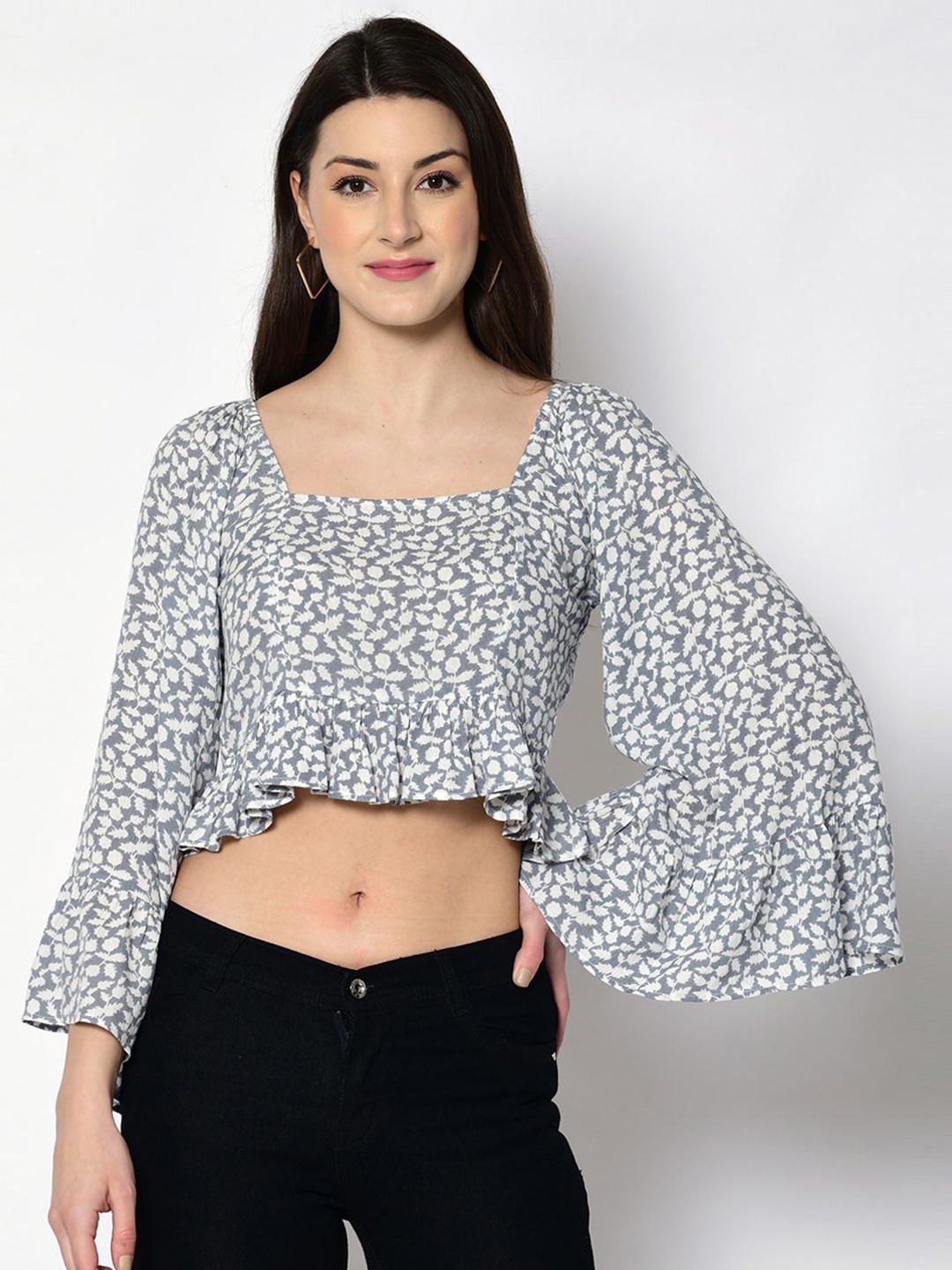 

PRETTY LOVING THING Women Floral Printed Bell Sleeve Crop Top, Grey