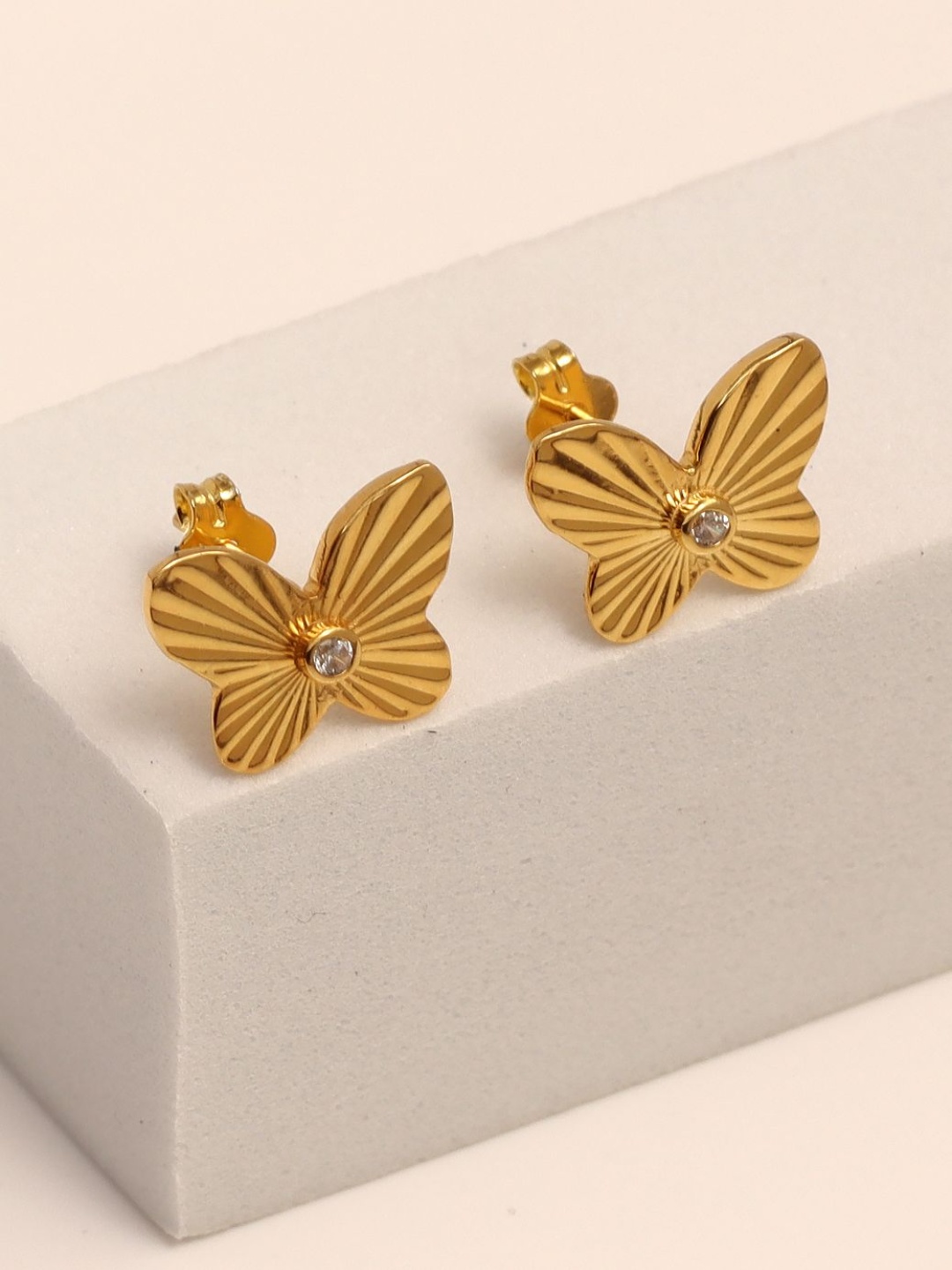 

LeCalla 925 Sterling Silver 14KT Gold-Plated Cubic Zirconia Studded Butterfly Shaped Studs