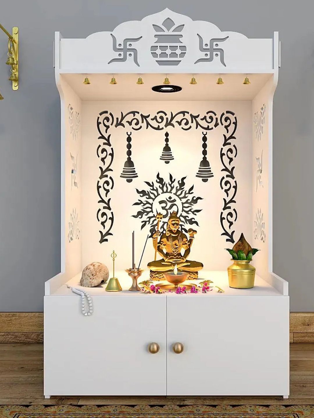 

Homscape White Wooden Temple For Home with Spacious Shelf & Inbuilt Focus Light