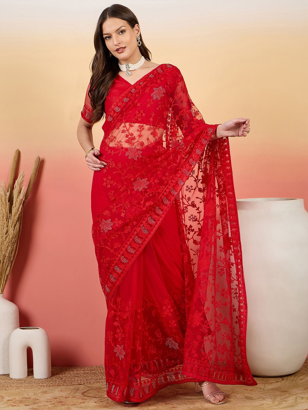 

Sangria Embroidered Saree With Blouse Piece, Red