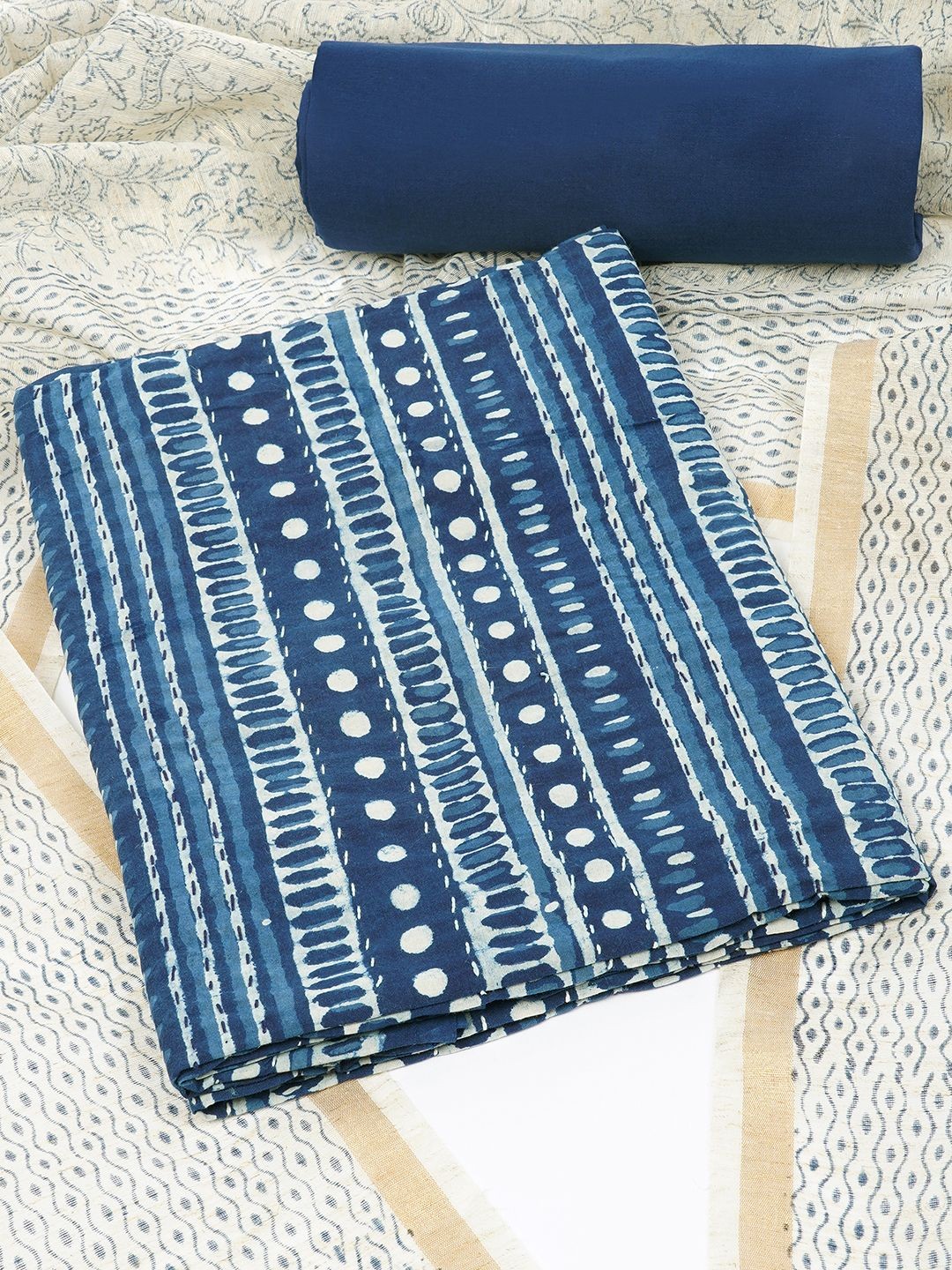

KAMI KUBI Geometric Printed Pure Cotton Unstitched Dress Material, Blue