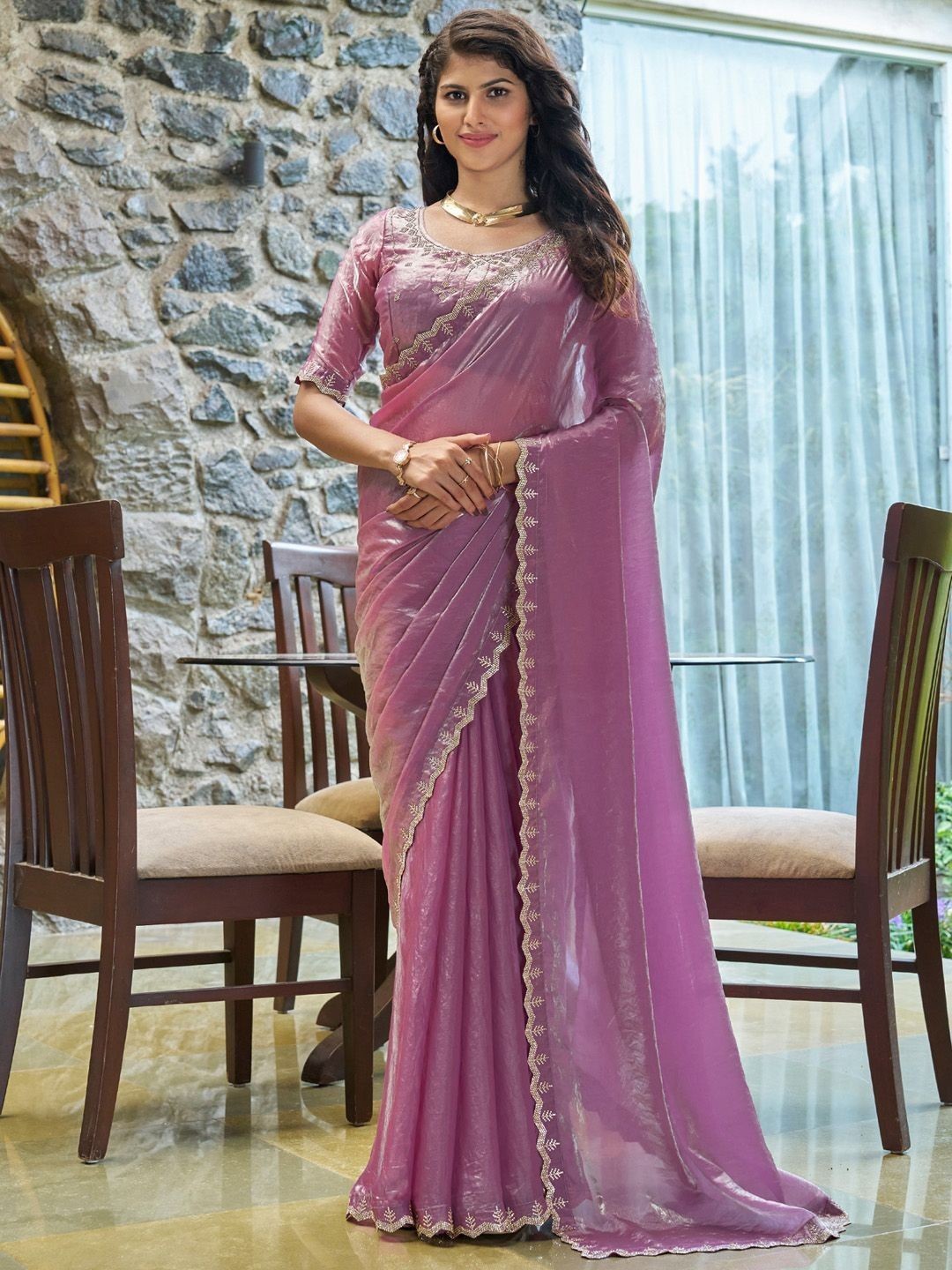 

Mitera Beads and Stones Satin Saree, Pink