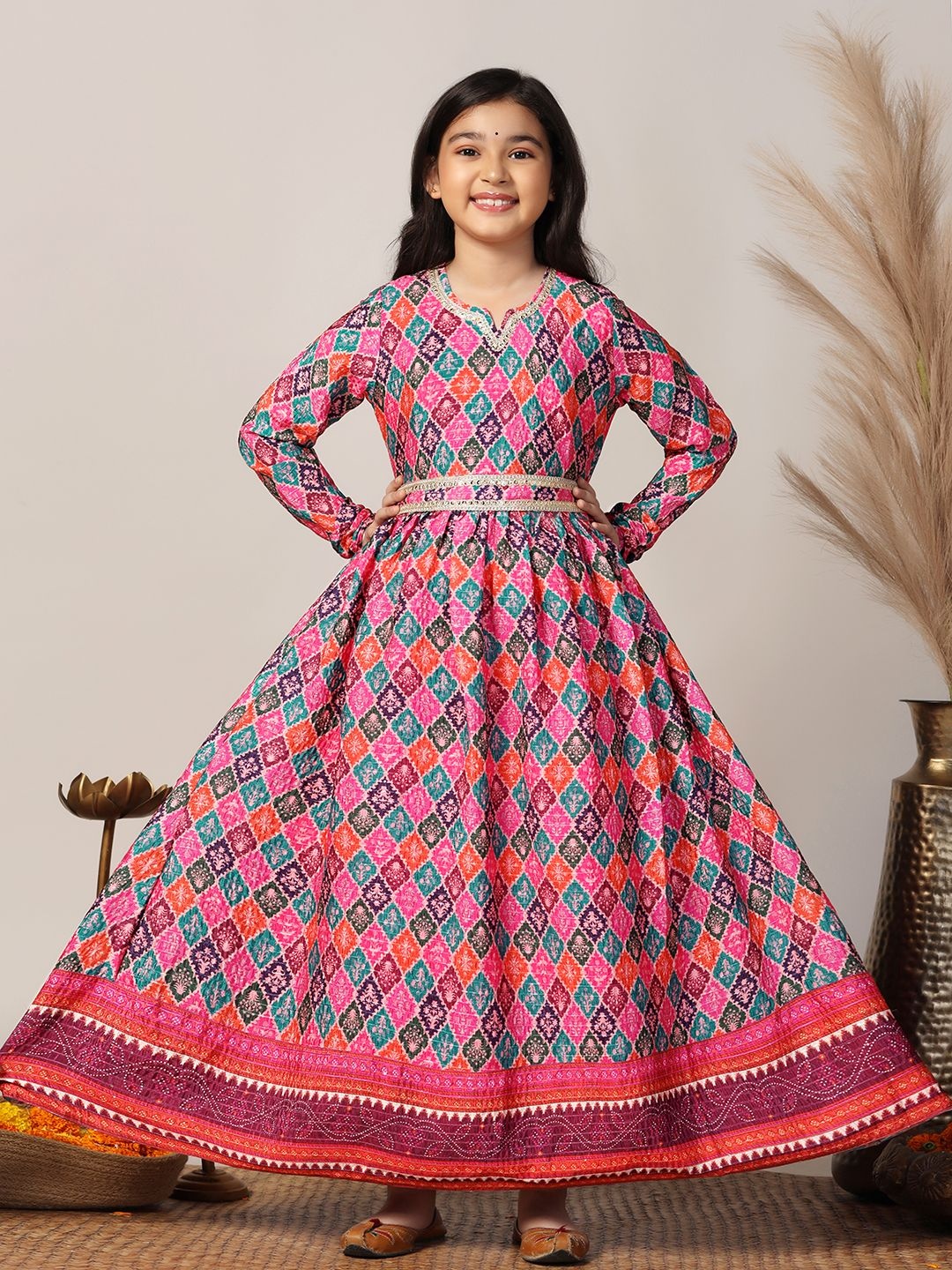 

BAESD Girls Patola Printed Sequined Fit & Flare Maxi Silk Ethnic Dress, Pink