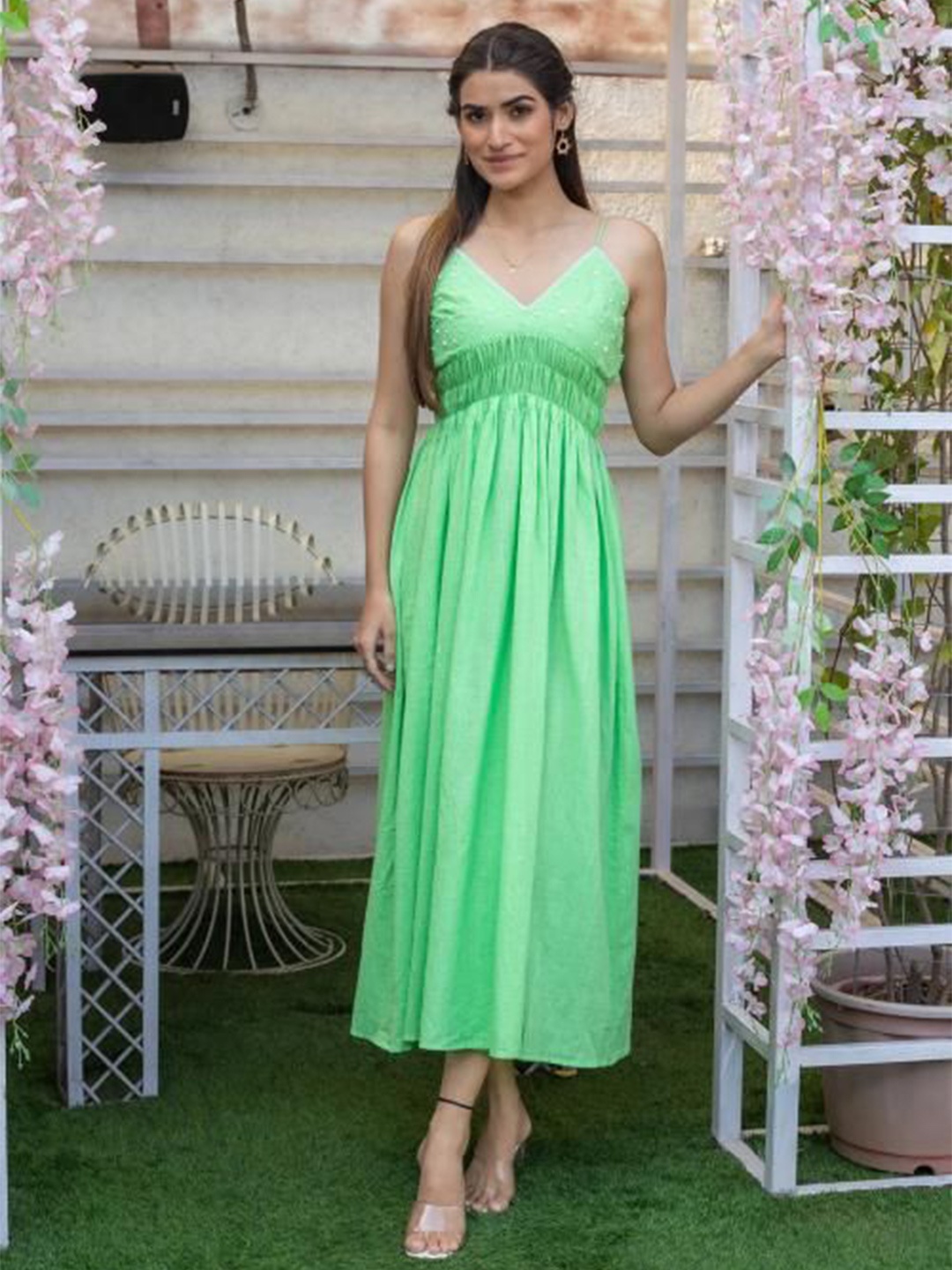 

SUKITI Cotton Shoulder Straps Fit & Flare Midi Dress, Green