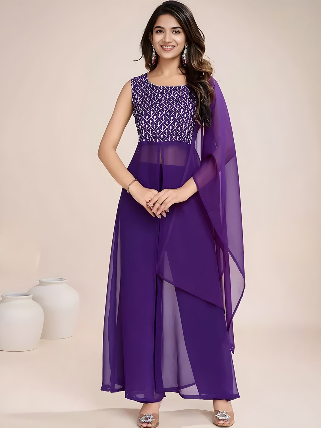 

NAKSH ENTERPRISE Floral Embroidered High Slit Sequinned Kurta With Trouser & Dupatta, Purple
