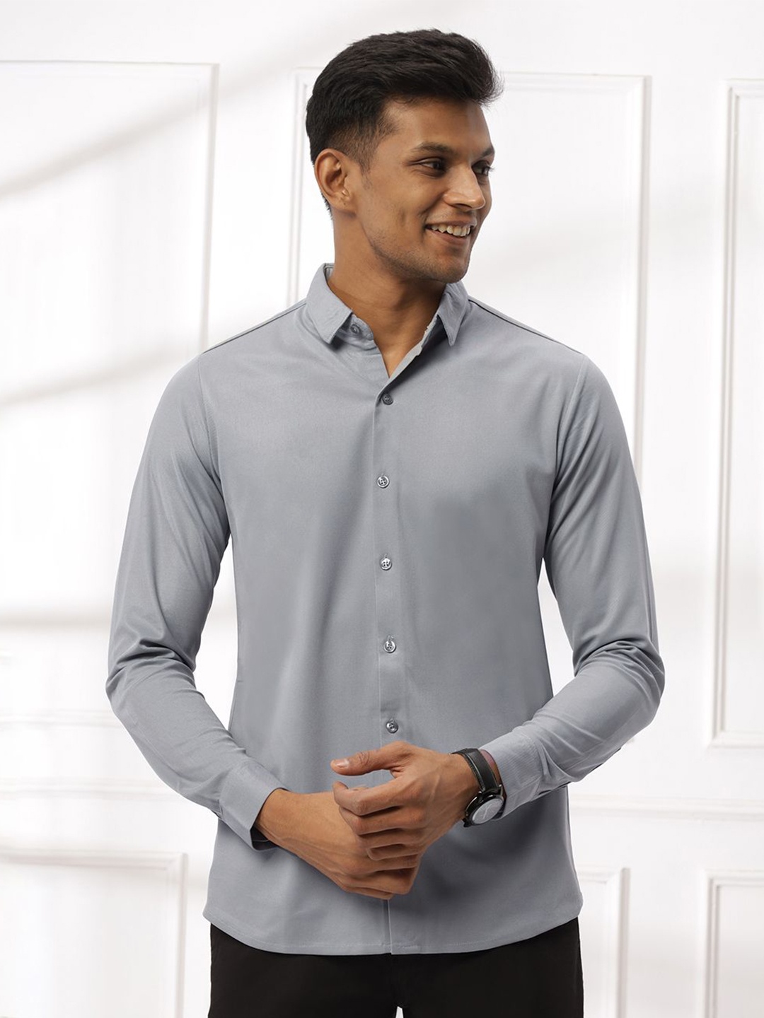 

N AND J Men Spread Collar Solid Casual Shirt, Grey
