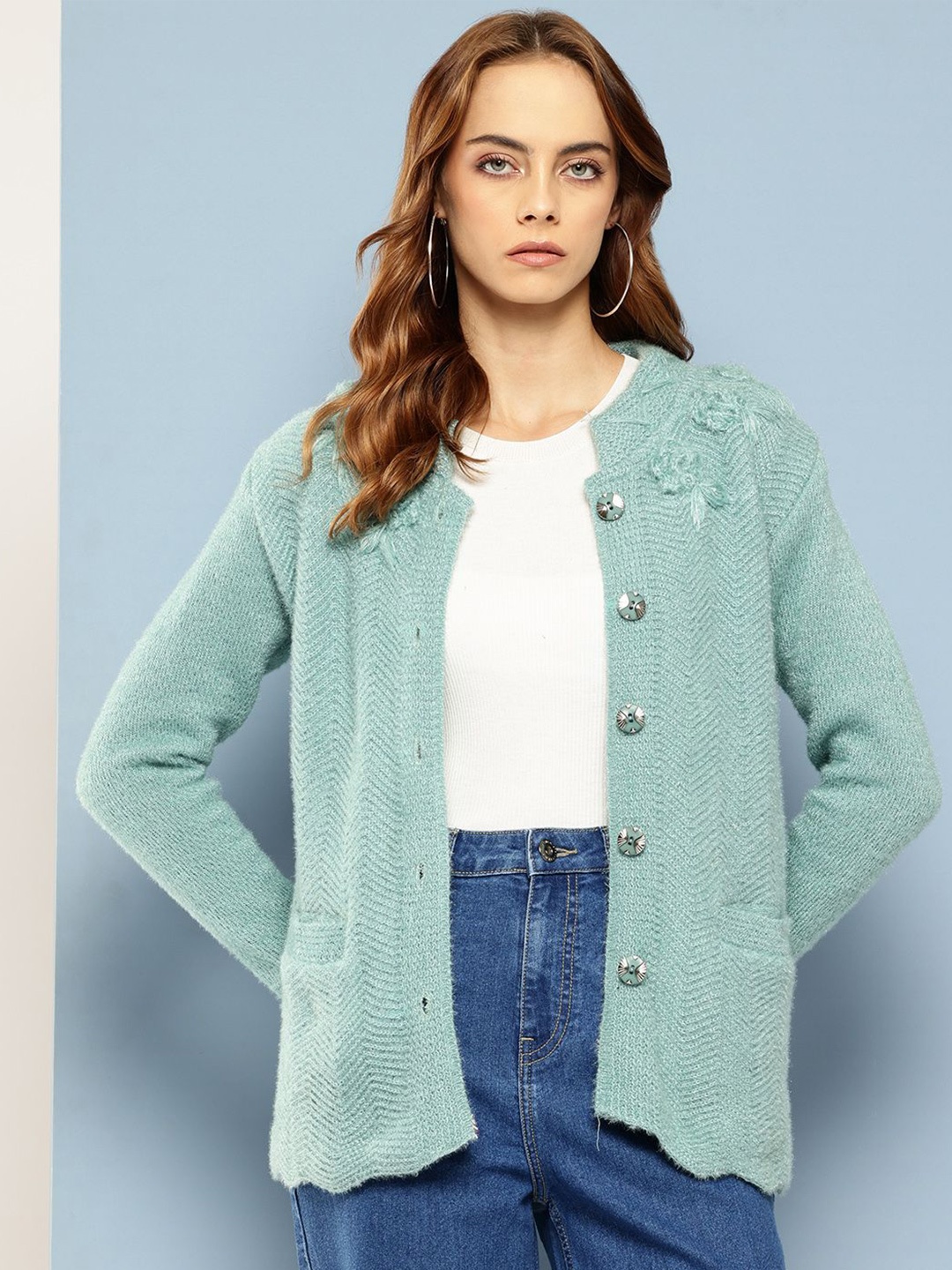 

BAESD Women Self Design Cable Knit Woollen Cardigan, Green