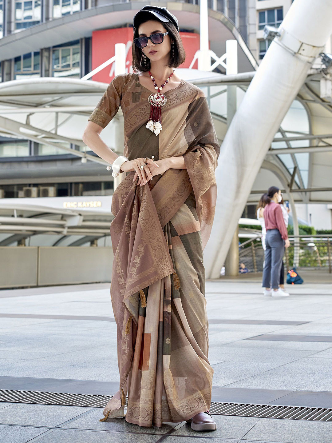 

MAHALASA Ethnic Motifs Zari Pure Silk Saree, Brown