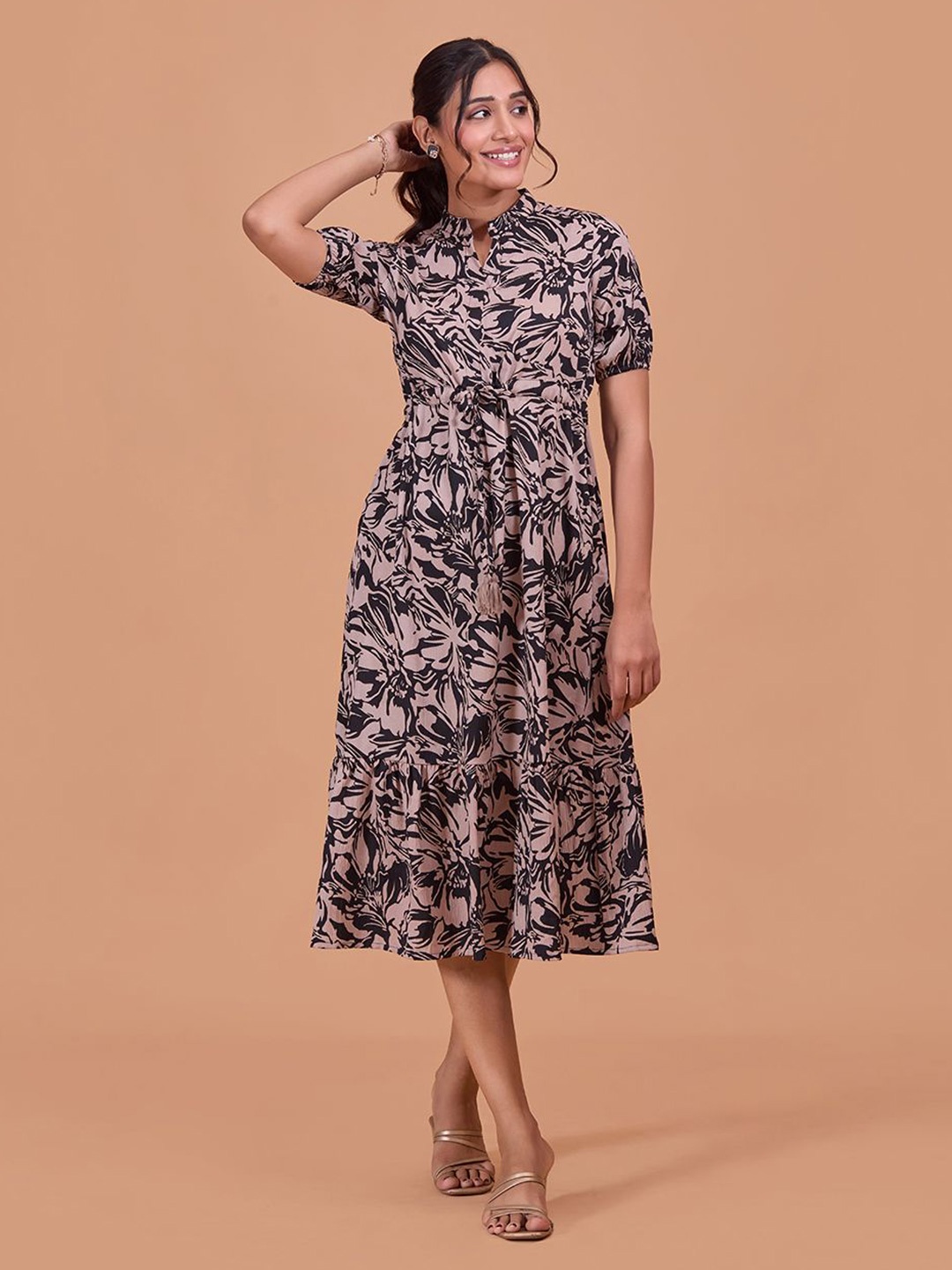 

Fashfun Cotton Floral Printed Puff Sleeve Fit & Flare Midi Dress, Black