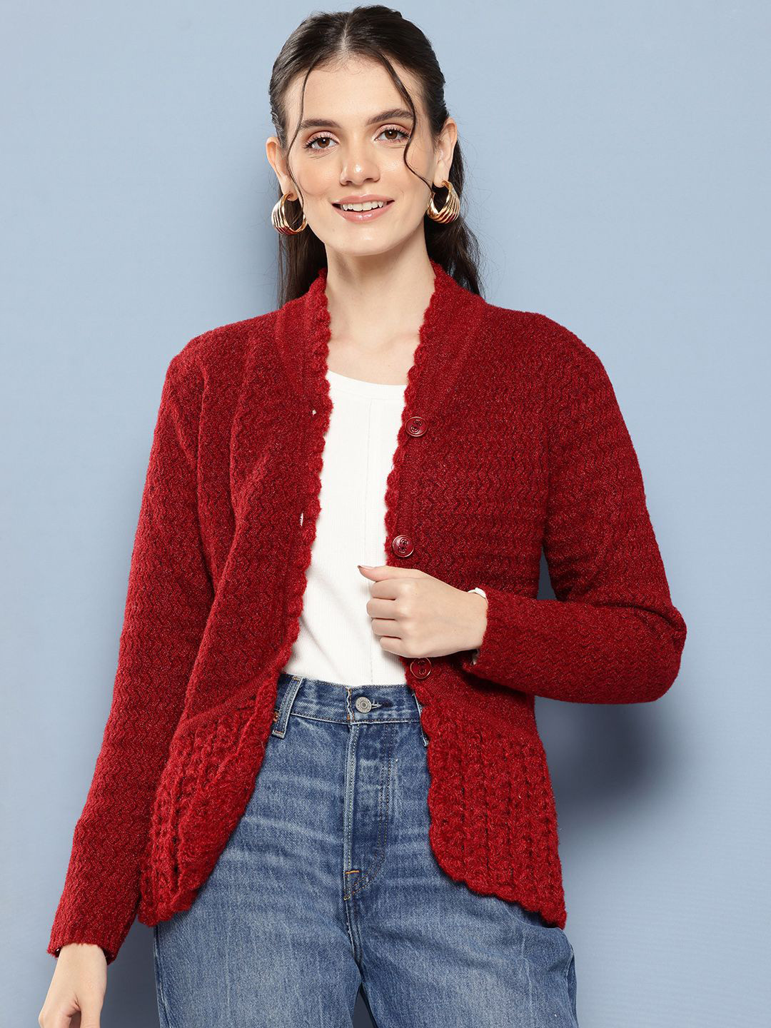 

BAESD Women Cable Knit Woollen Cardigan, Red