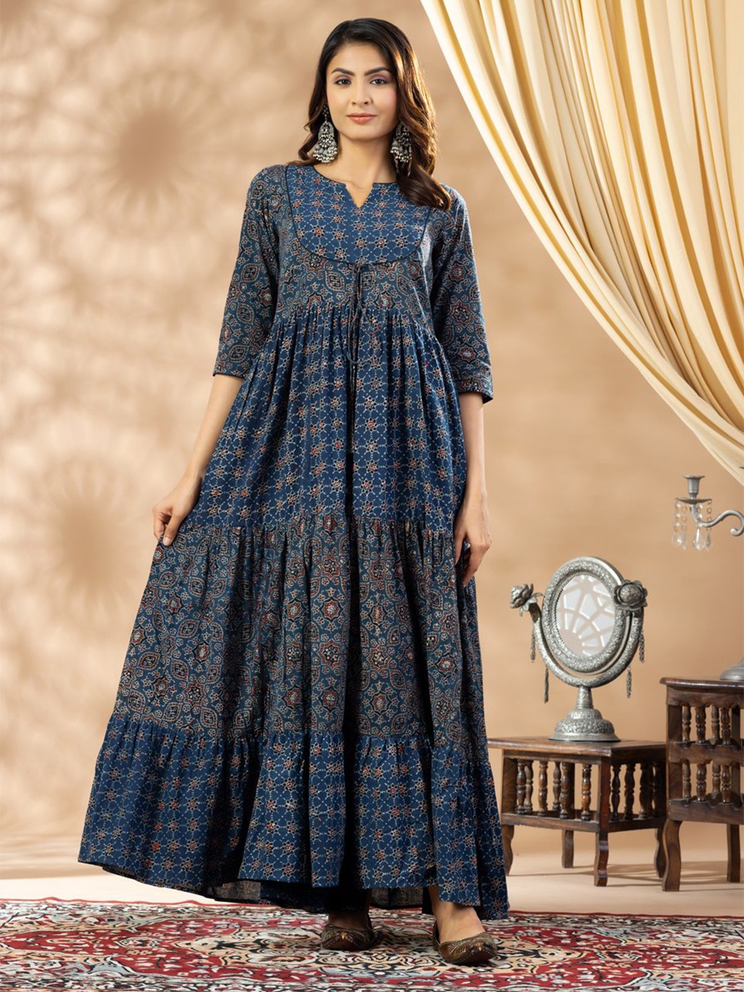 

HANDIKART Women Ethnic Motifs Printed A-Line Maxi Dress, Blue
