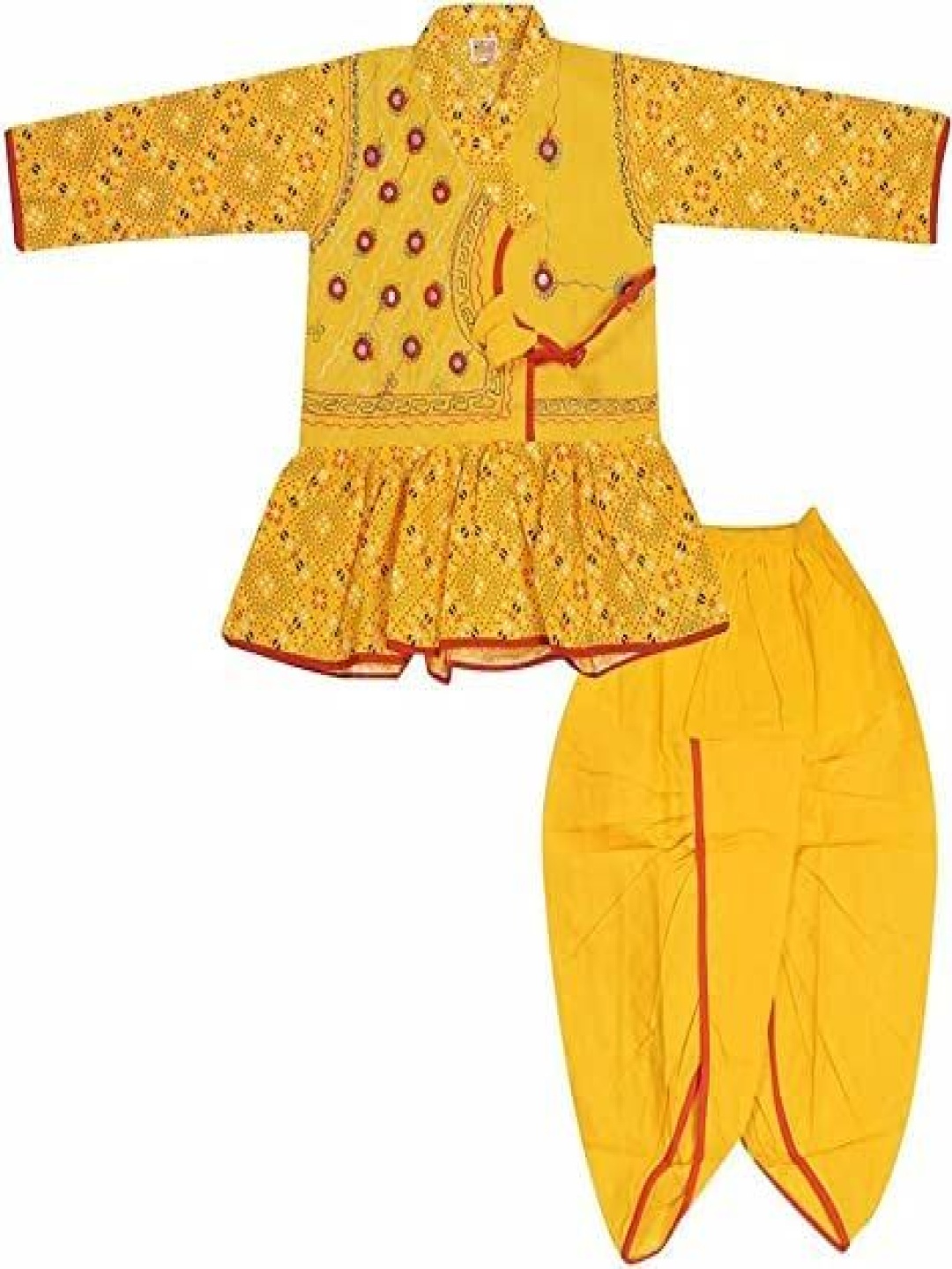 

PK HUB Boys Ethnic Motifs Embroidered Angrakha Mirror Work Pure Cotton Kurta with Dhoti Pants, Yellow