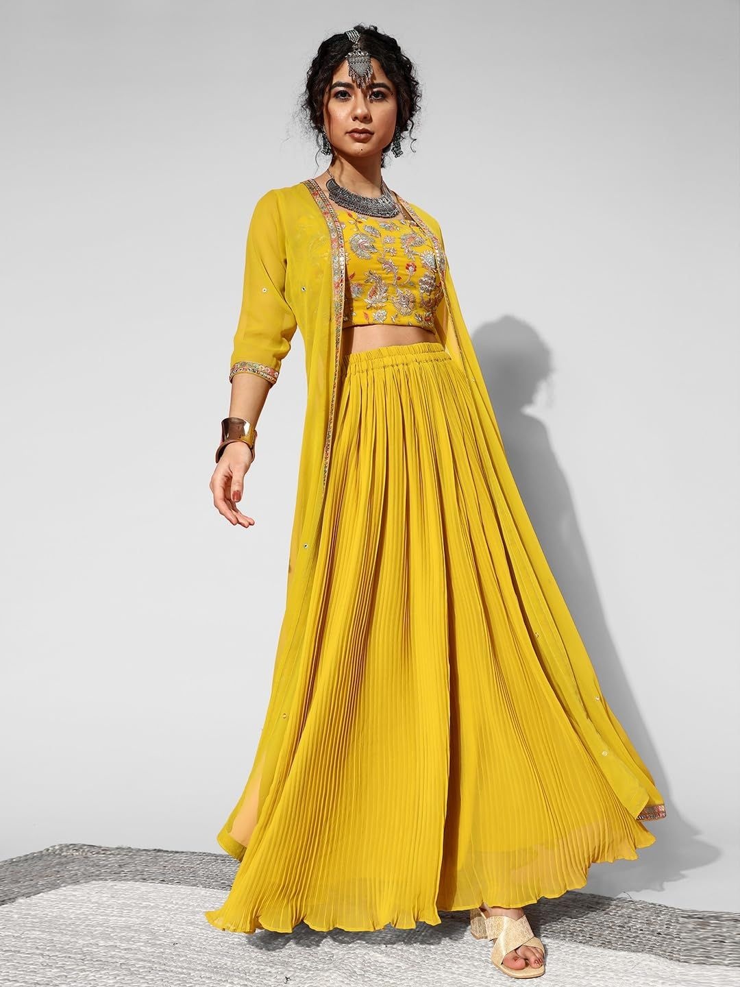 

Krimmple Embroidered Square Neck Top Shrug & Skirt Co-Ords Set, Yellow