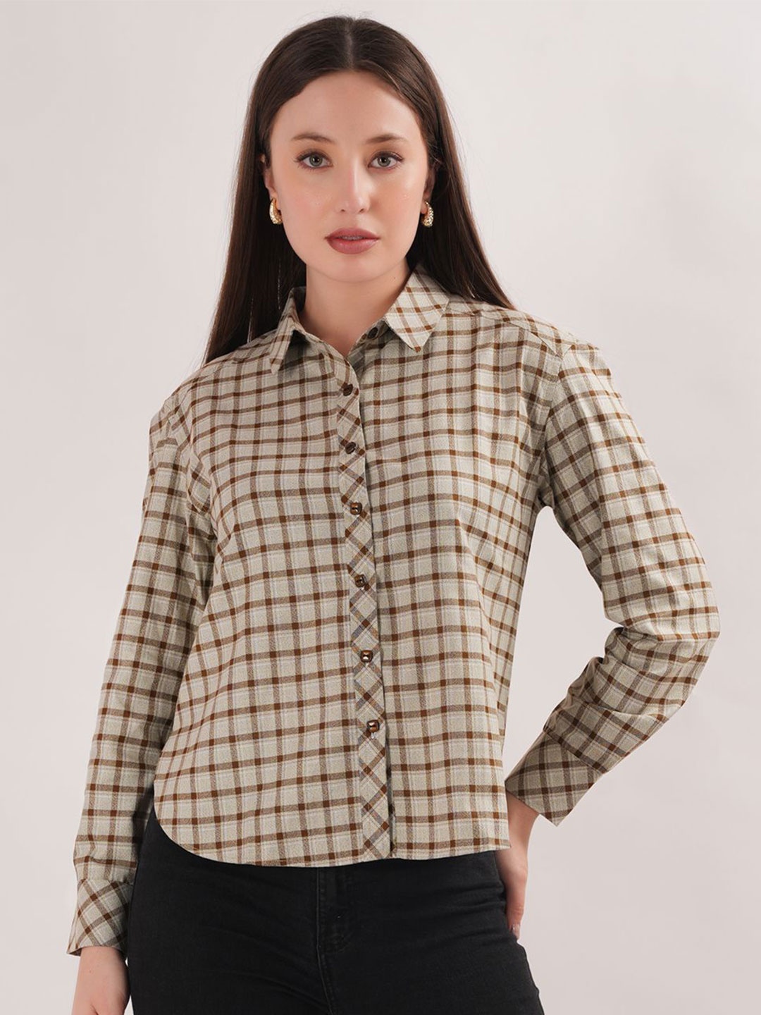 

BERIAMO Women Comfort Fit Spread Collar Checked Cotton Casual Shirt, Brown