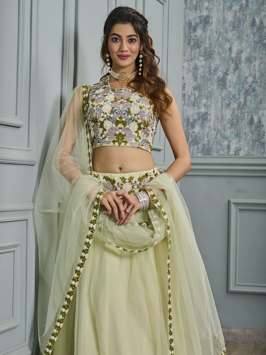 

Krimmple Floral Embroidered Ready to Wear Lehenga & Blouse With Dupatta, Green