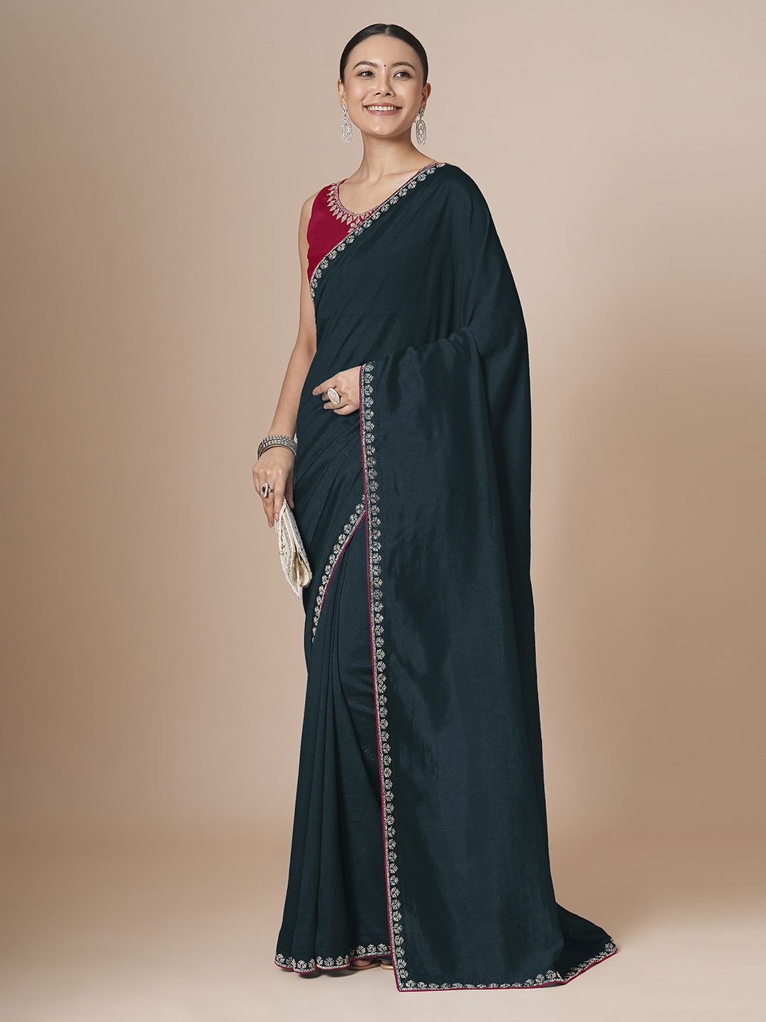 

House of Pataudi Embellished Saree WithBlousePiece, Teal