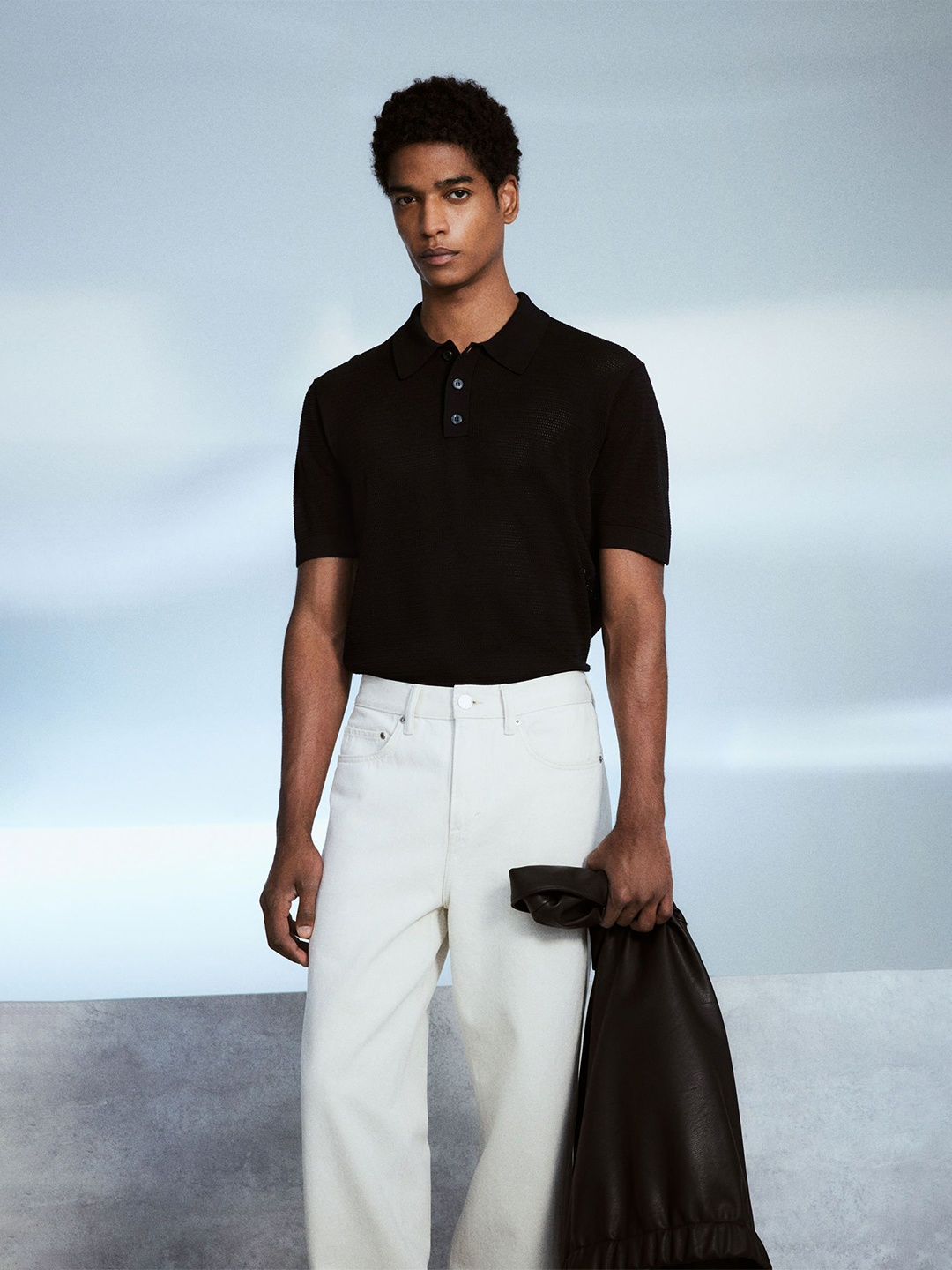 

H&M Regular Fit Hole-Knit Polo Shirt, Black