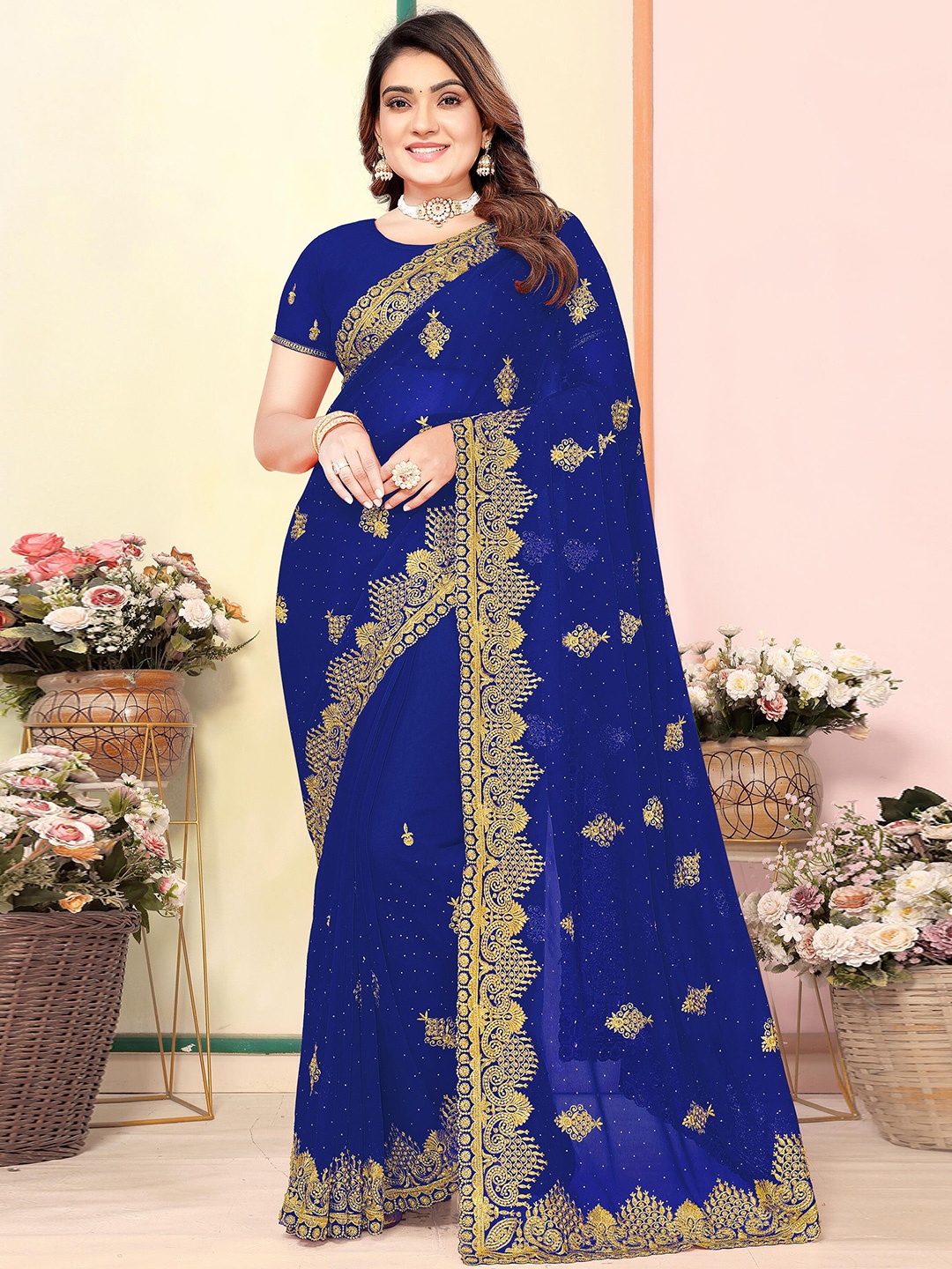 

KHRITI FAB Floral Embroidered Pure Georgette Saree, Blue