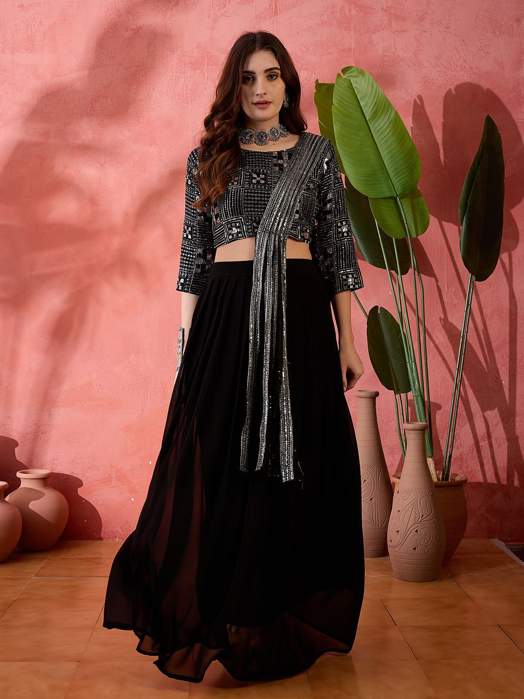 

Sangria Geometric Embroidered Round Neck Ready to Wear Lehenga & Choli With Dupatta, Black