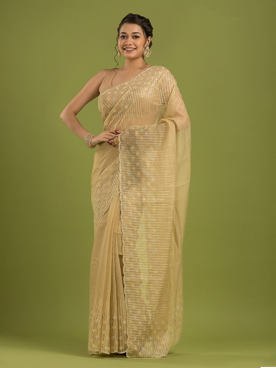 

Dheu Embellished Beads and Stones Organza Saree, Beige