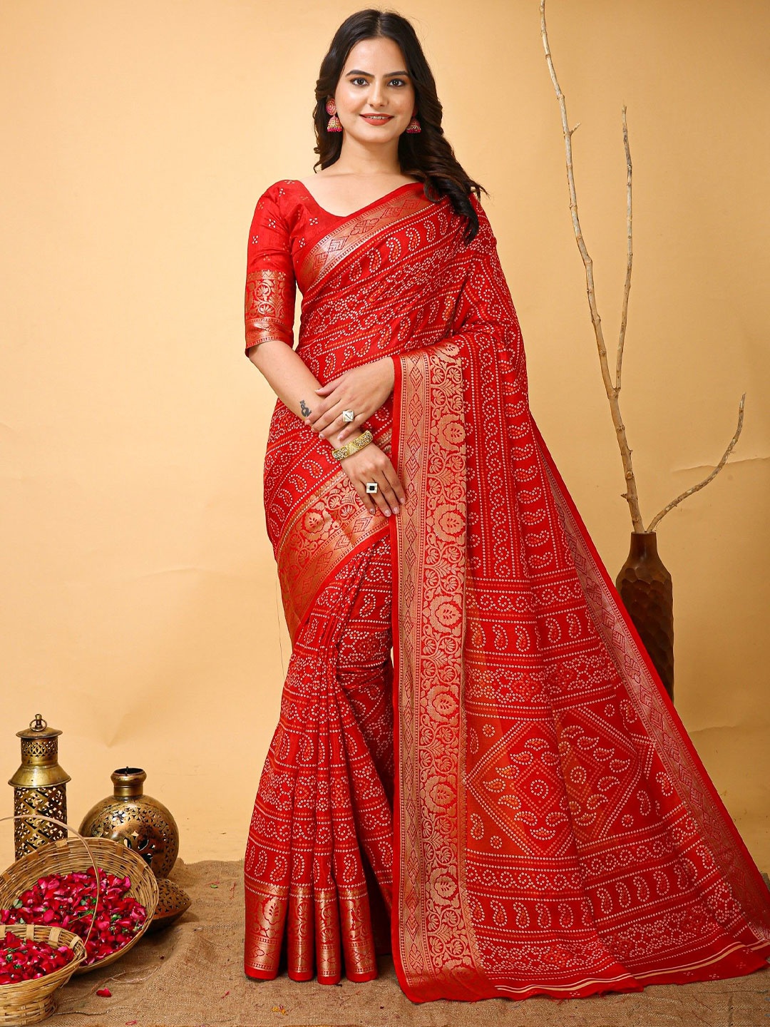 

LeeliPeeri Designer Bandhani Zari Saree, Orange