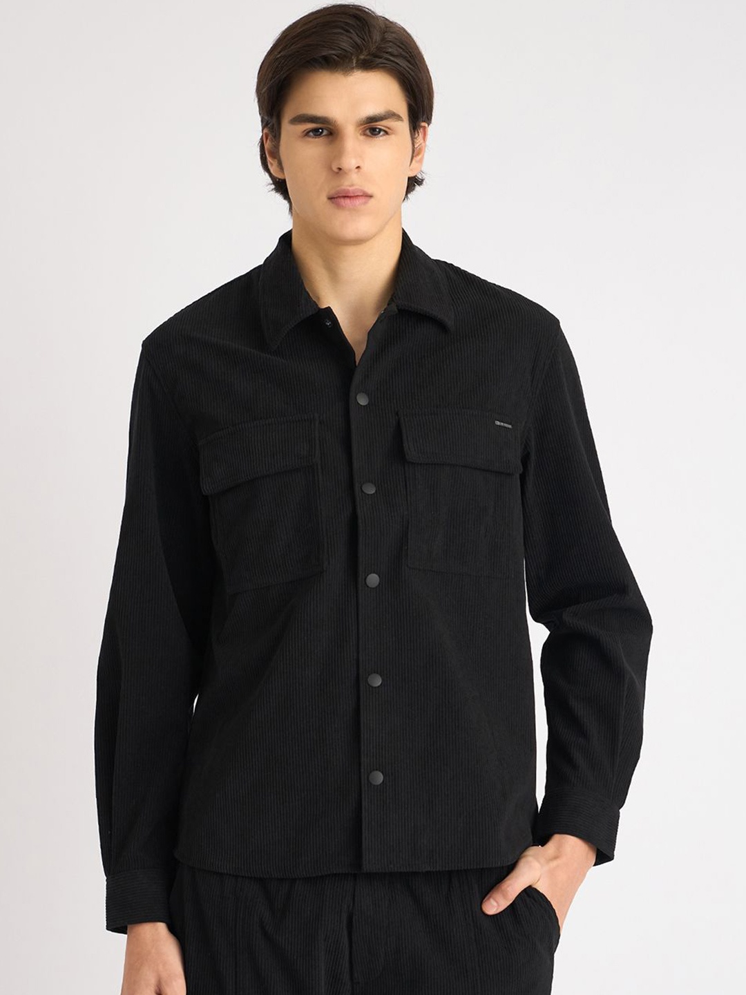 

Antony Morato Men Spread Collar Textured Casual Shirt, Black