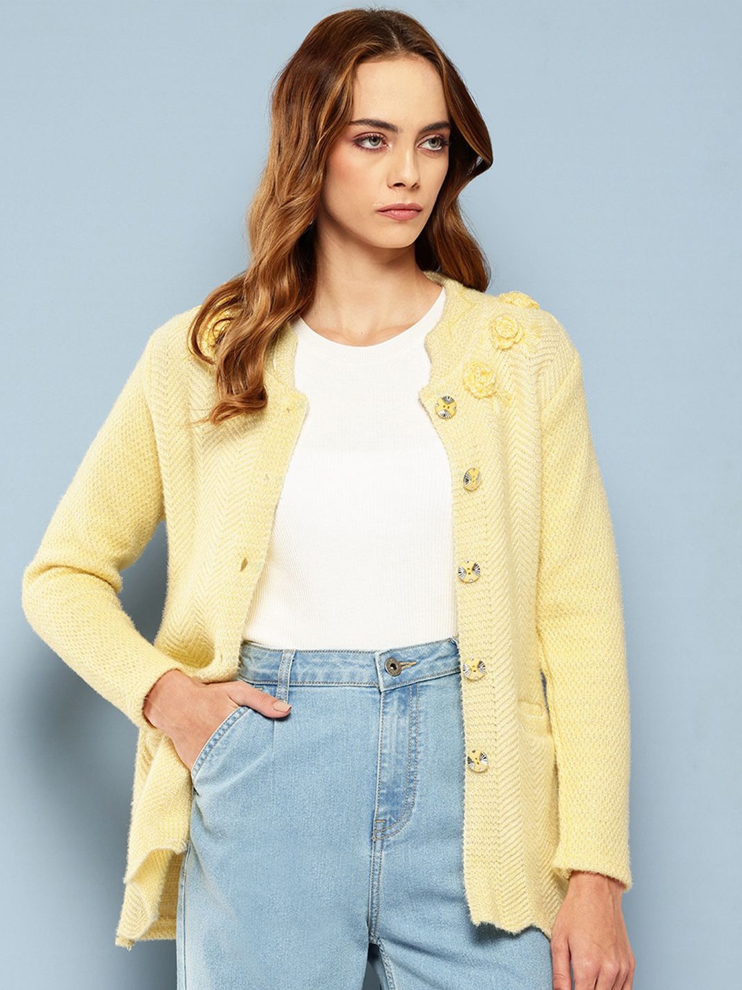 

BAESD Women Floral Woollen Cardigan, Yellow