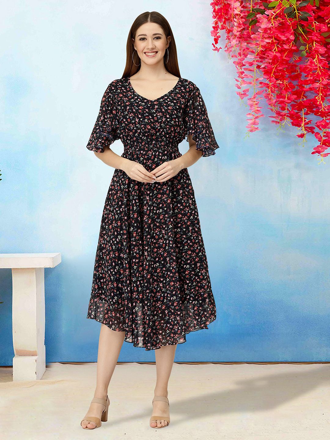 

MISS AYSE Women Floral Printed Flutter Sleeves Fit & Flare Midi Dress, Black