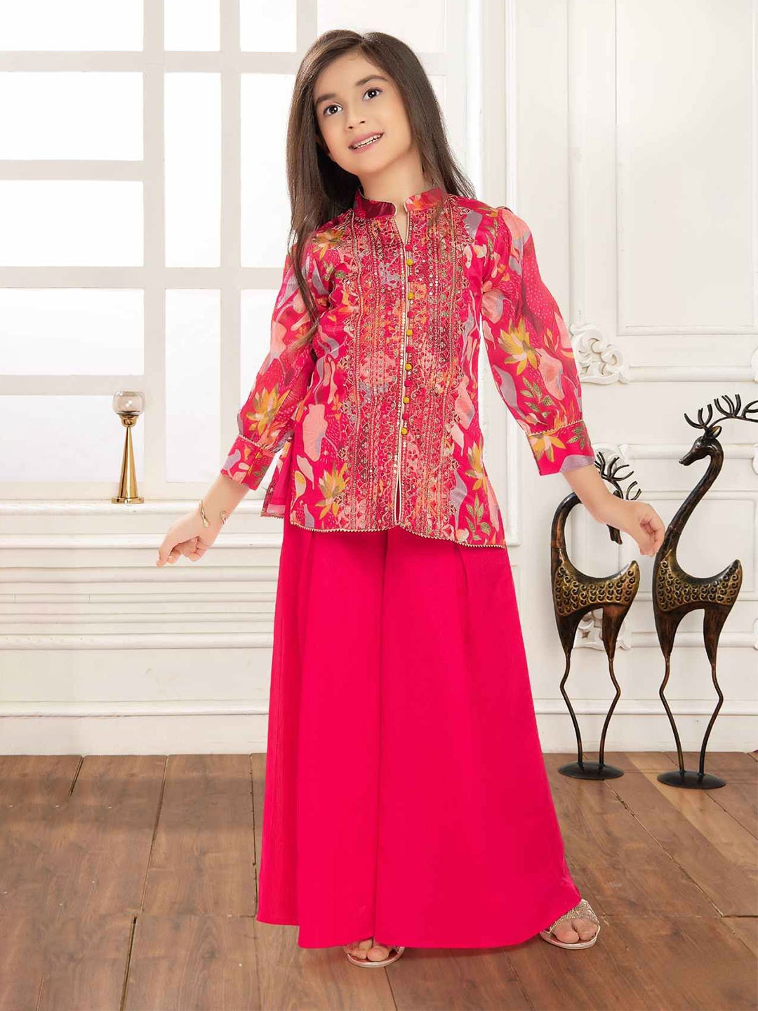 

Lagorii Girls Printed With Sequin Worked Tunic with Palazzos, Pink