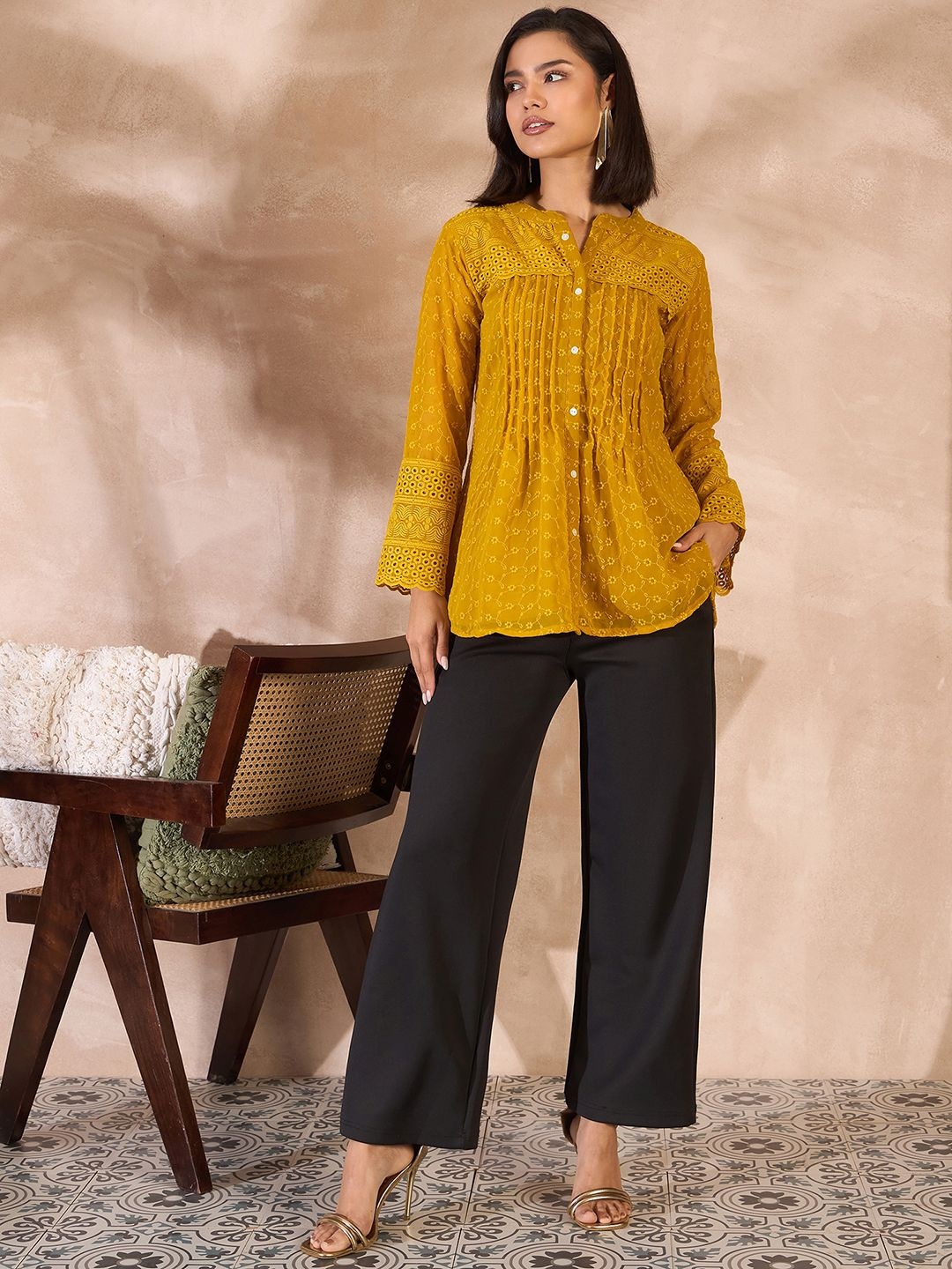 

all about you Mandarin Collar Bell Sleeve Schiffli Longline Top, Mustard