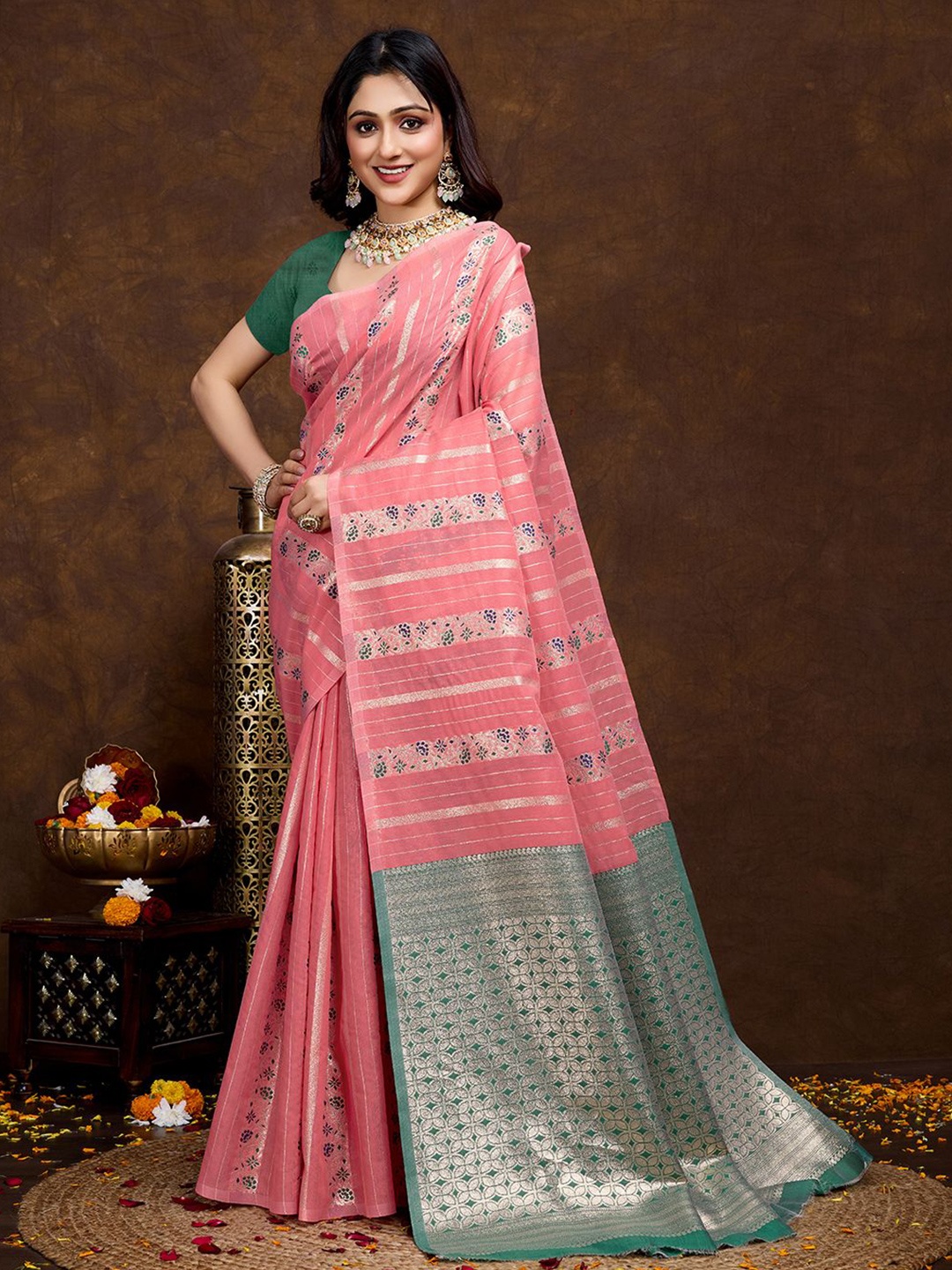 

bansari textiles Woven Design Banarasi Saree, Pink