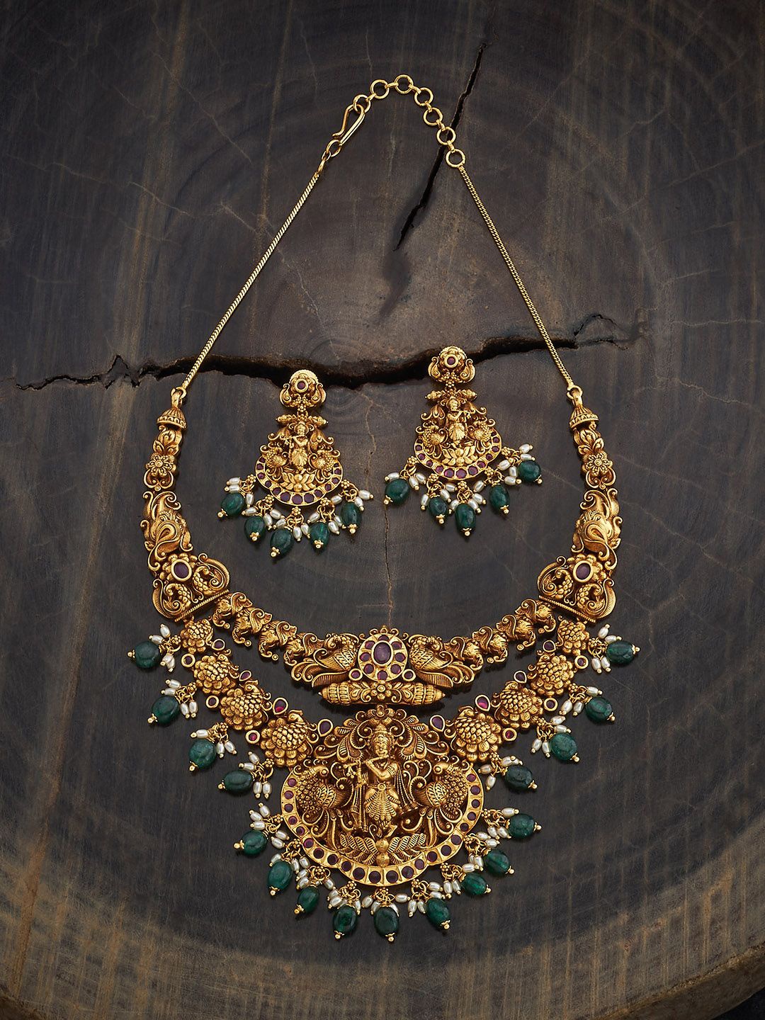 

Kushal's Fashion Jewellery Gold-Plated Stone Studded & Beaded Antique Necklace & Earrings