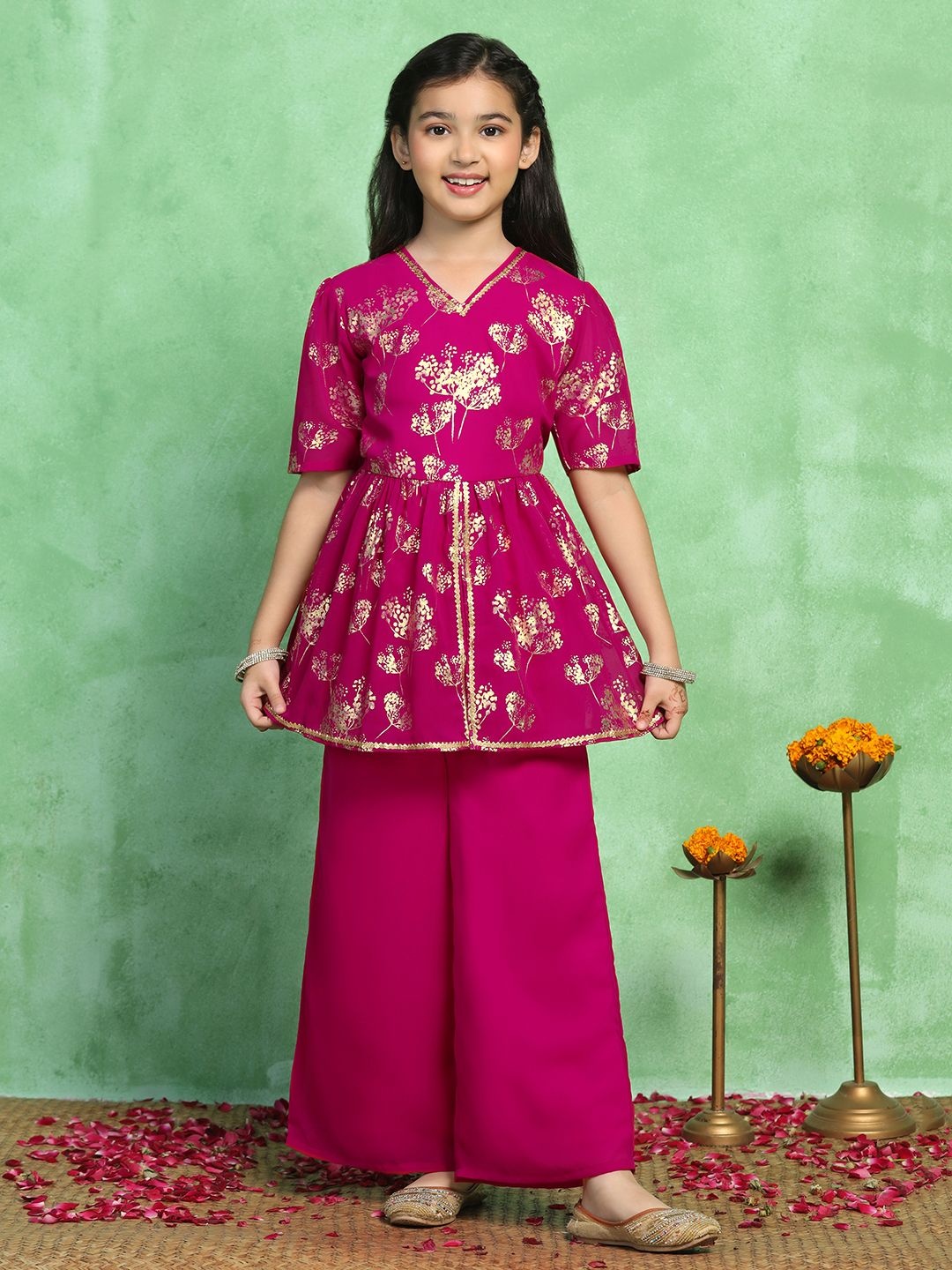 

BAESD Girls Floral Printed Regular Kurta with Palazzos, Pink