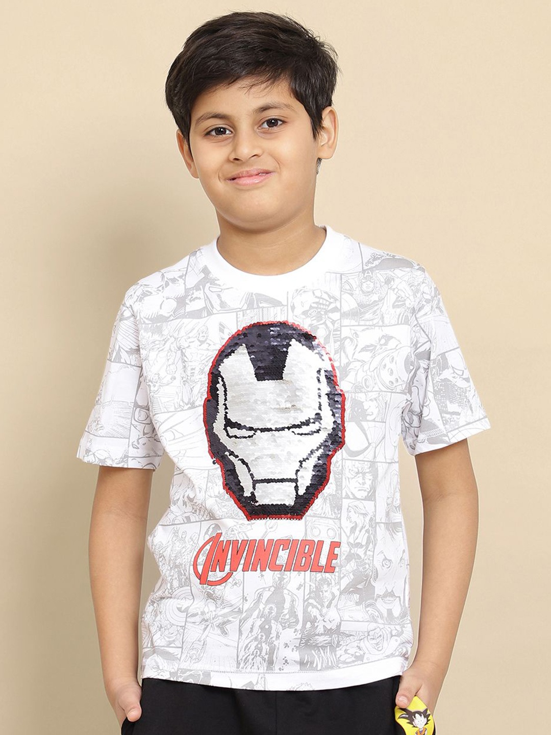 

Kids Ville Boys Iron Man Printed Reversible Sequin Regular Fit Tshirt, White