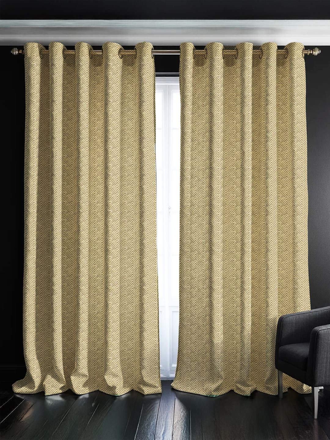 

URBAN SPACE Beige Set of 2 Self Design Black Out Door Curtains