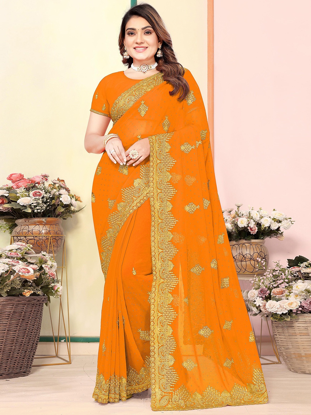 

KHRITI FAB Floral Embroidered Pure Georgette Saree, Yellow