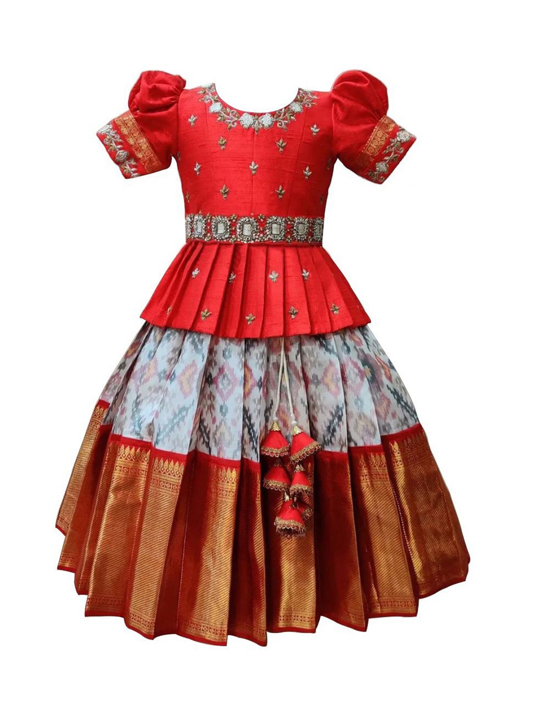 

Wommaniya Impex Girls Embroidered Thread Work Ready to Wear Lehenga &, Red