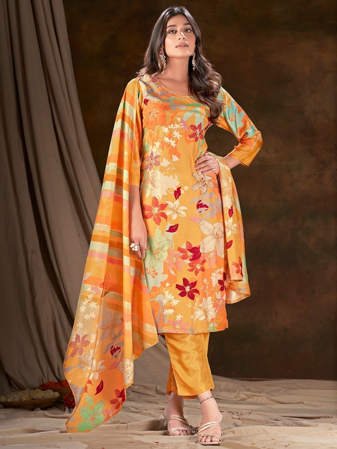 

Krimmple Women Floral Embroidered Regular Sequinned Kurti with Pyjamas & With Dupatta, Yellow