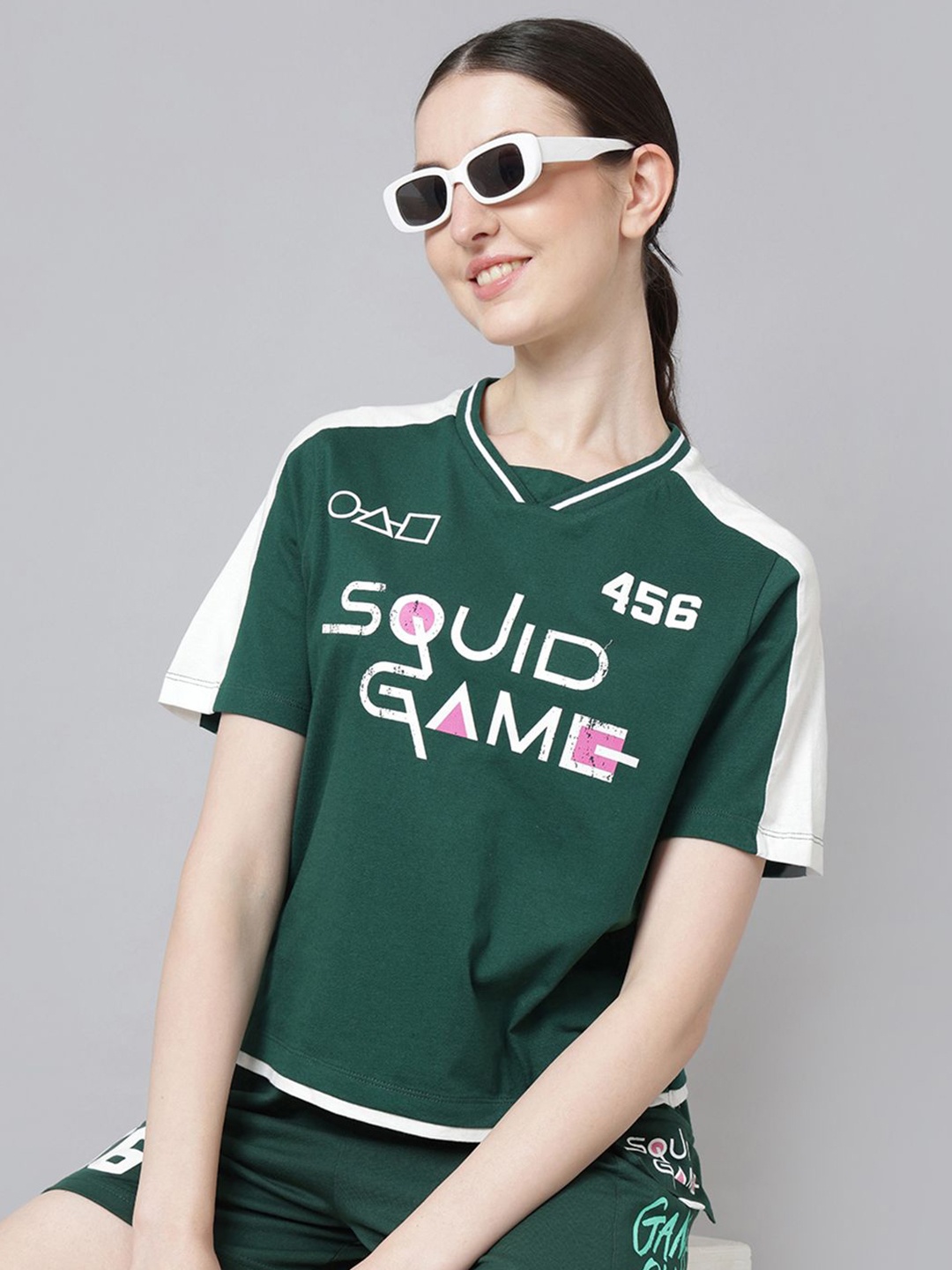 

Free Authority Squid Game Printed Regular V-Neck Cotton T-shirt For Women, Green