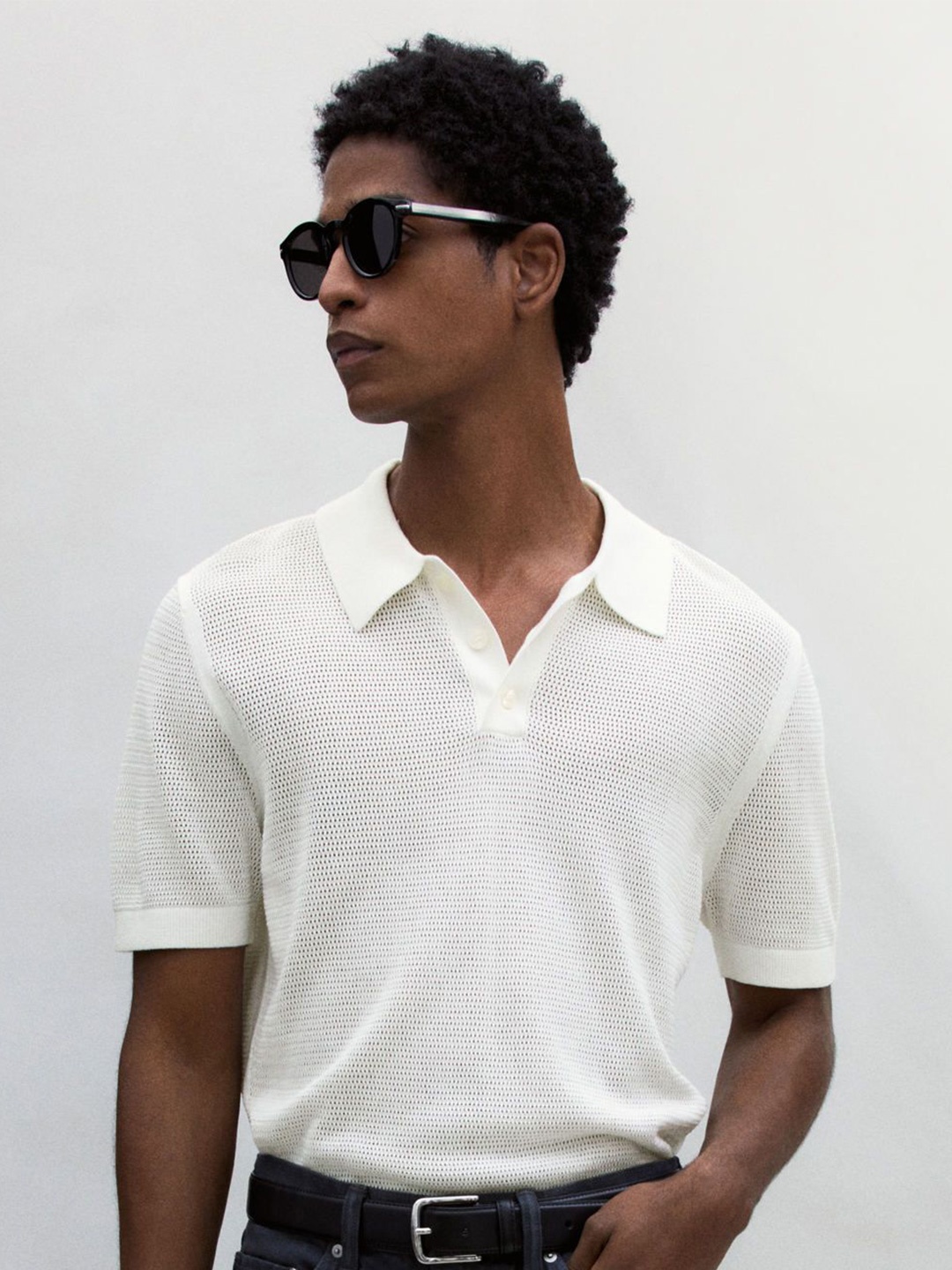 

H&M Regular Fit Hole-knit Polo Shirt, White