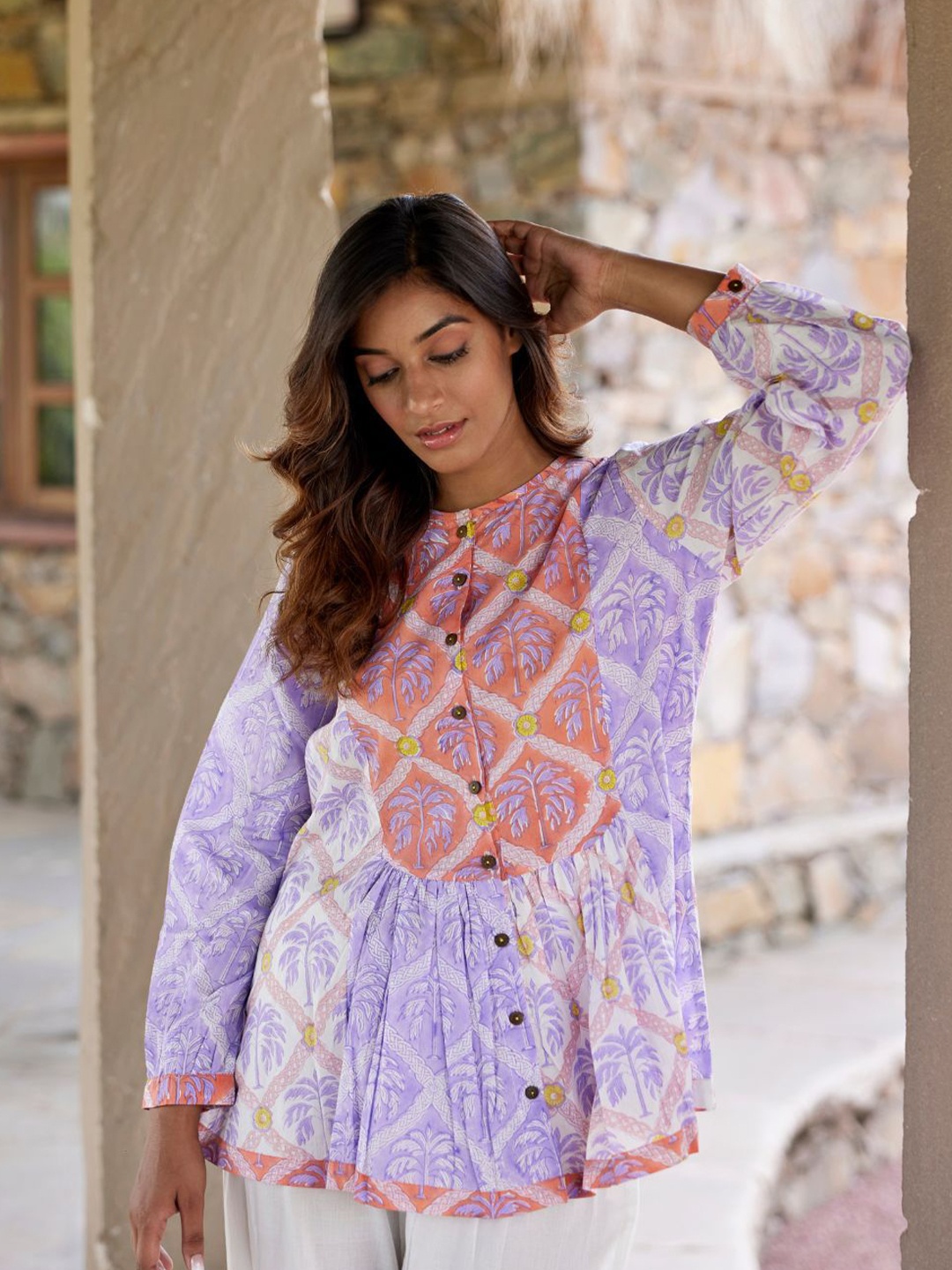 

JAIPURRANG Print Cotton Shirt Style Top, Purple