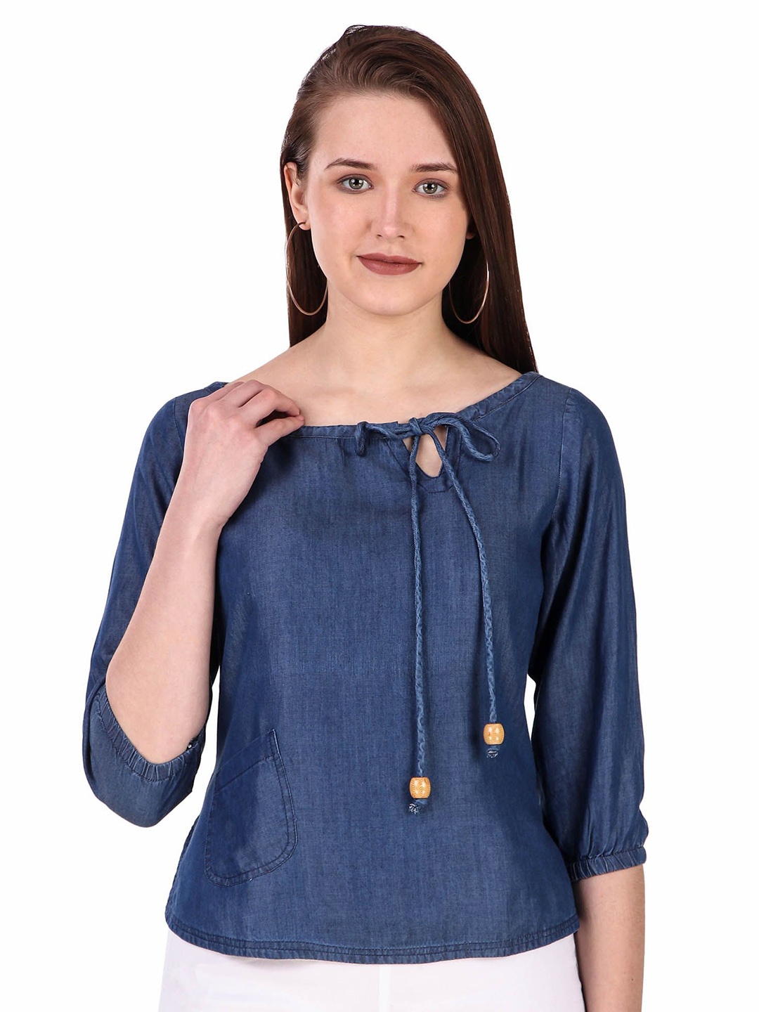 

Pose india Cotton Tie-Up Neck Denim Top, Navy blue