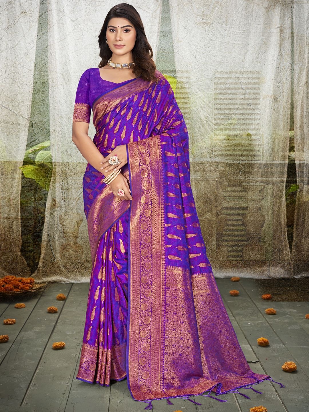 

SANGAM PRINTS Woven Design Ethnic Motifs Zari Tussar Saree, Purple