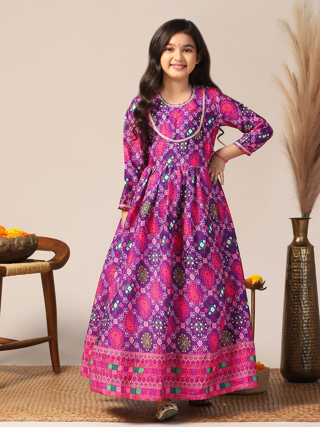 

BAESD Patola Printed Chinon Maxi Ethnic Dress, Purple