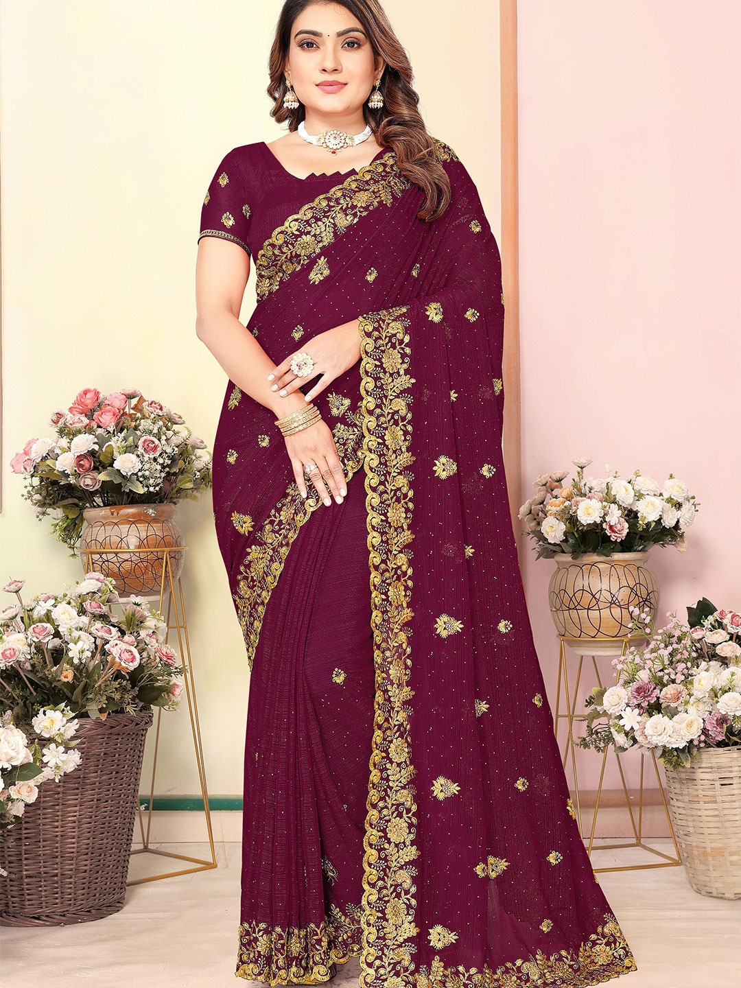 

KHRITI FAB Floral Embroidered Pure Georgette Saree, Purple