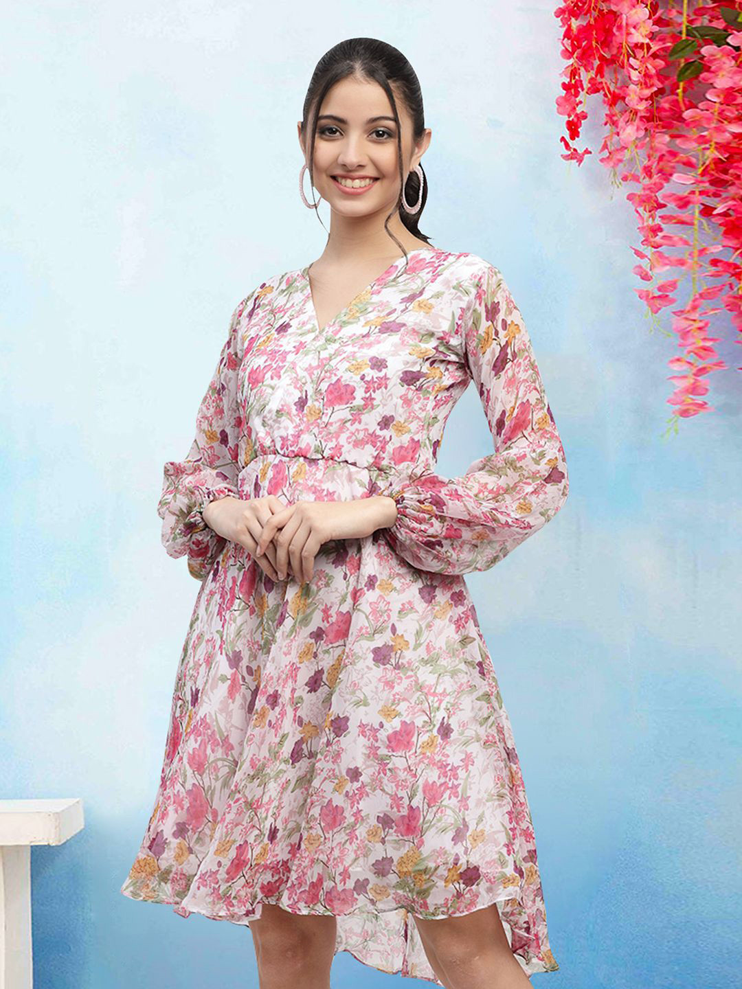 

MISS AYSE Women Floral Printed Gathered Fit & Flare Dress, Cream