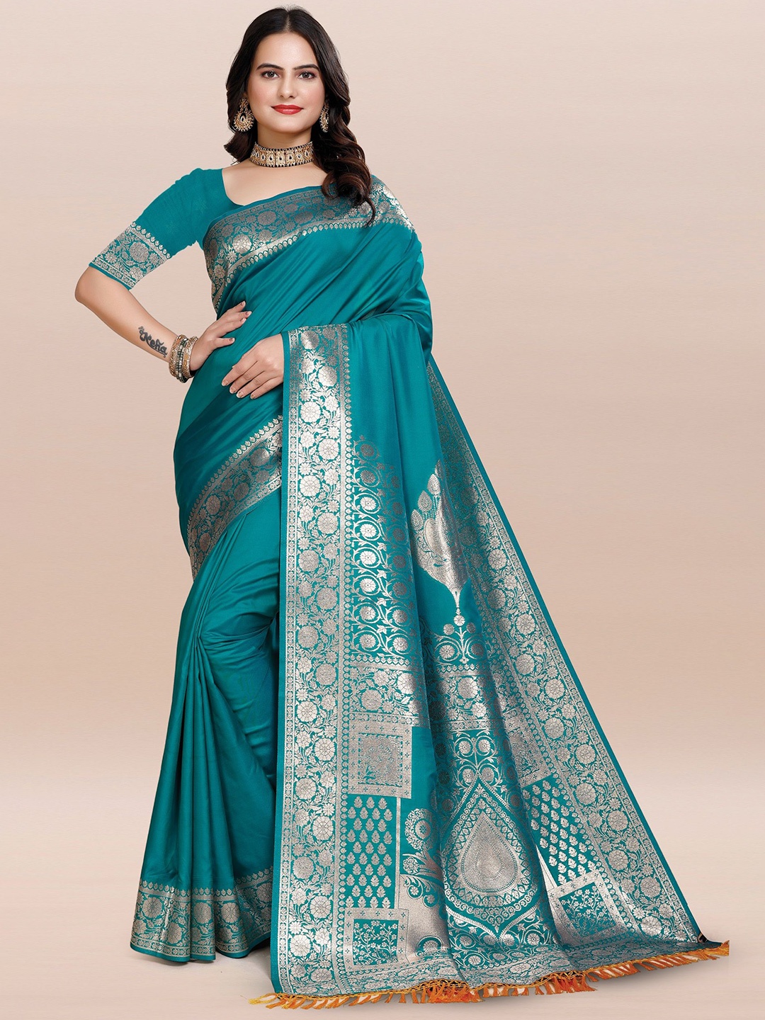 

TORONFRAS Floral Woven Design Zari Kanjeevaram Saree, Turquoise blue